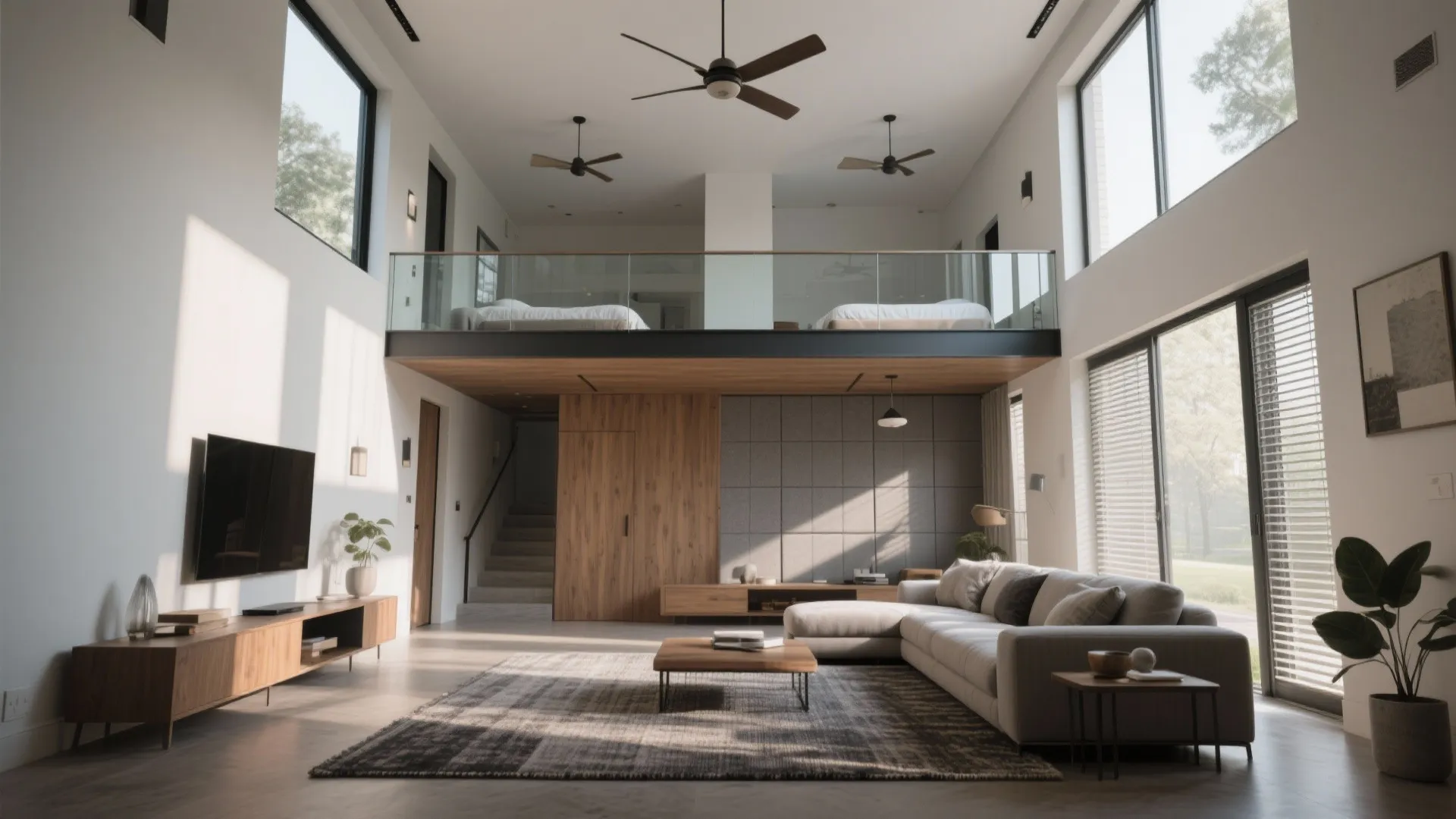 Double-height living room with a mezzanine balcony bridge