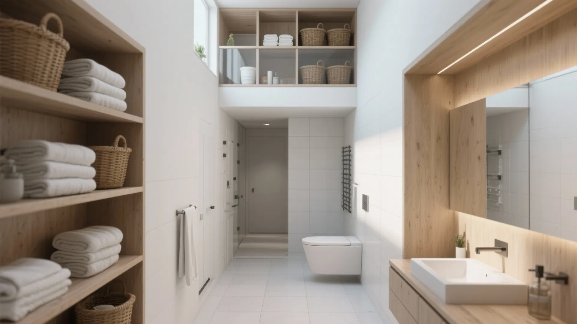Bathroom with slim mezzanine loft for towel storage