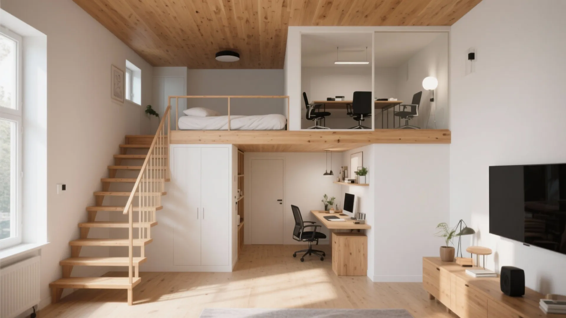 Small apartment with wood stairs leading to a raised bed above a white desk area
