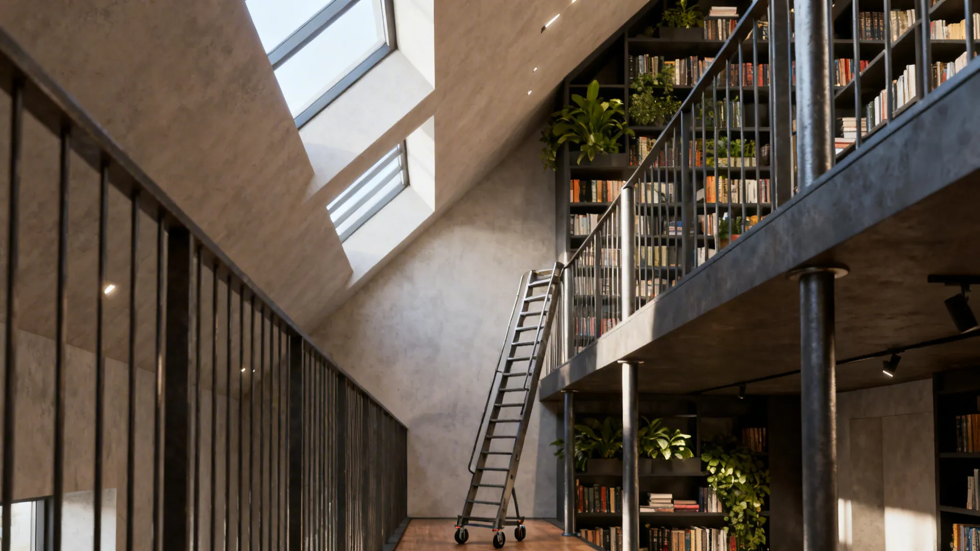 Interior with a narrow mezzanine/gallery shelf and rolling ladder creating an elevated display area.