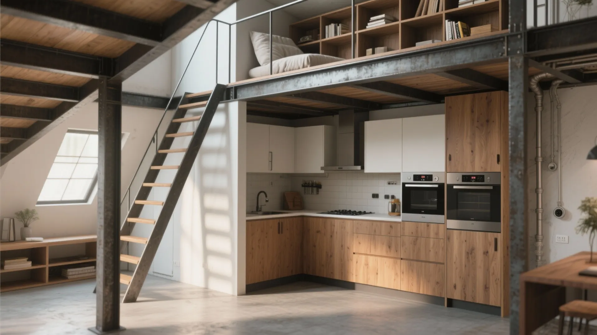 2. L-shaped kitchenette under a mezzanine loft
