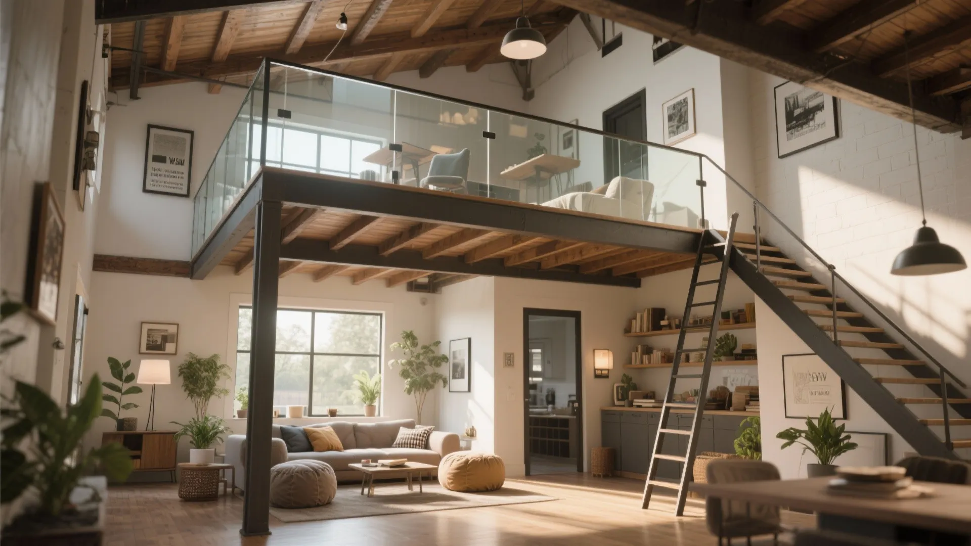 Airy mezzanine with half-glass balustrade and cozy loft seating
