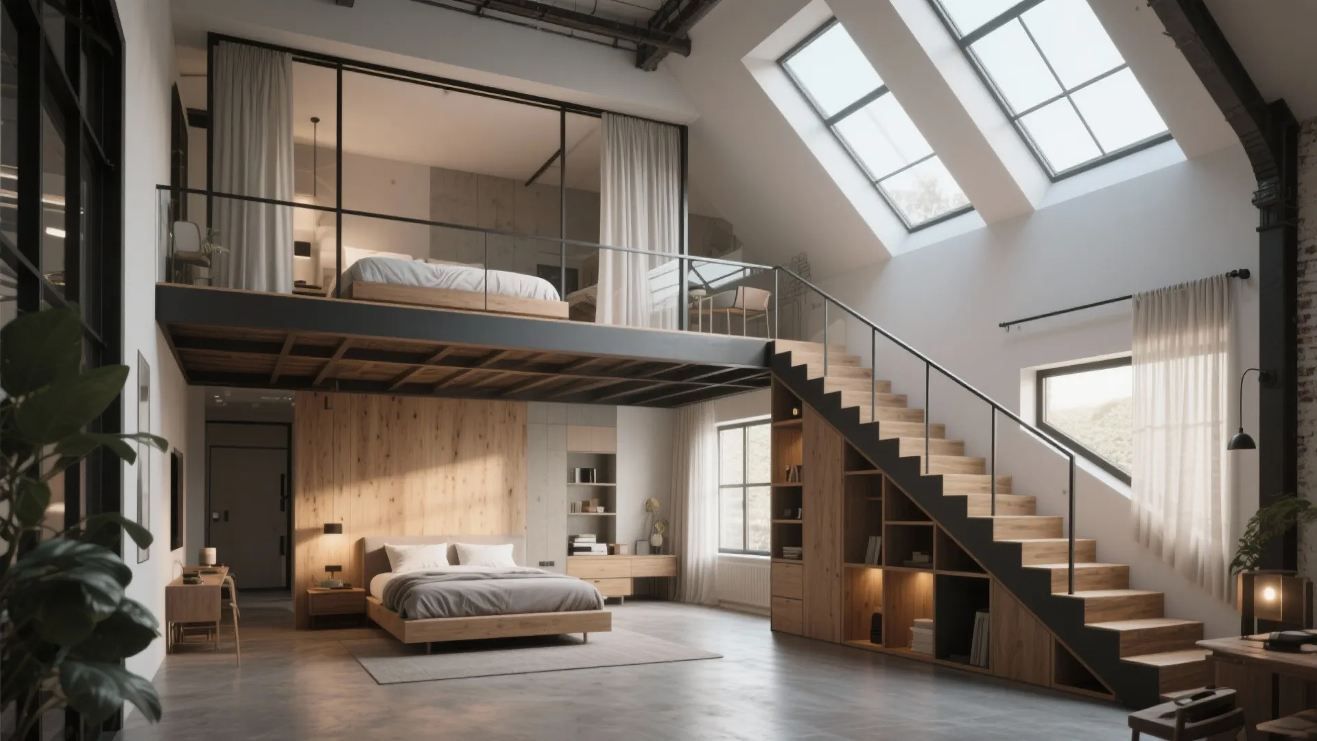 Loft with mezzanine bedroom above and ground-level suite, showing stairs with storage and privacy screen