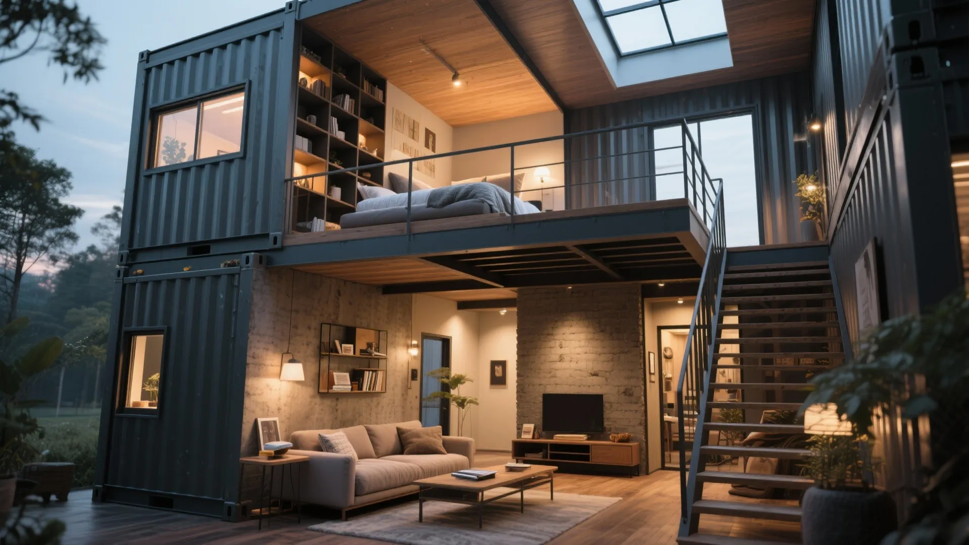 Double-height living room with mezzanine reading nook and integrated storage staircase in container home