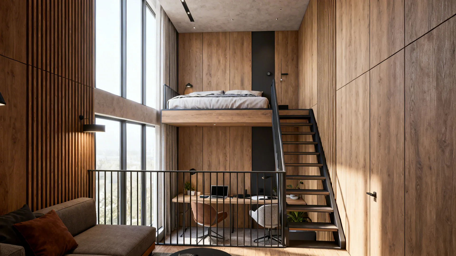Mezzanine loft bed in a high-ceiling flat with living space below, maximizing vertical space.
