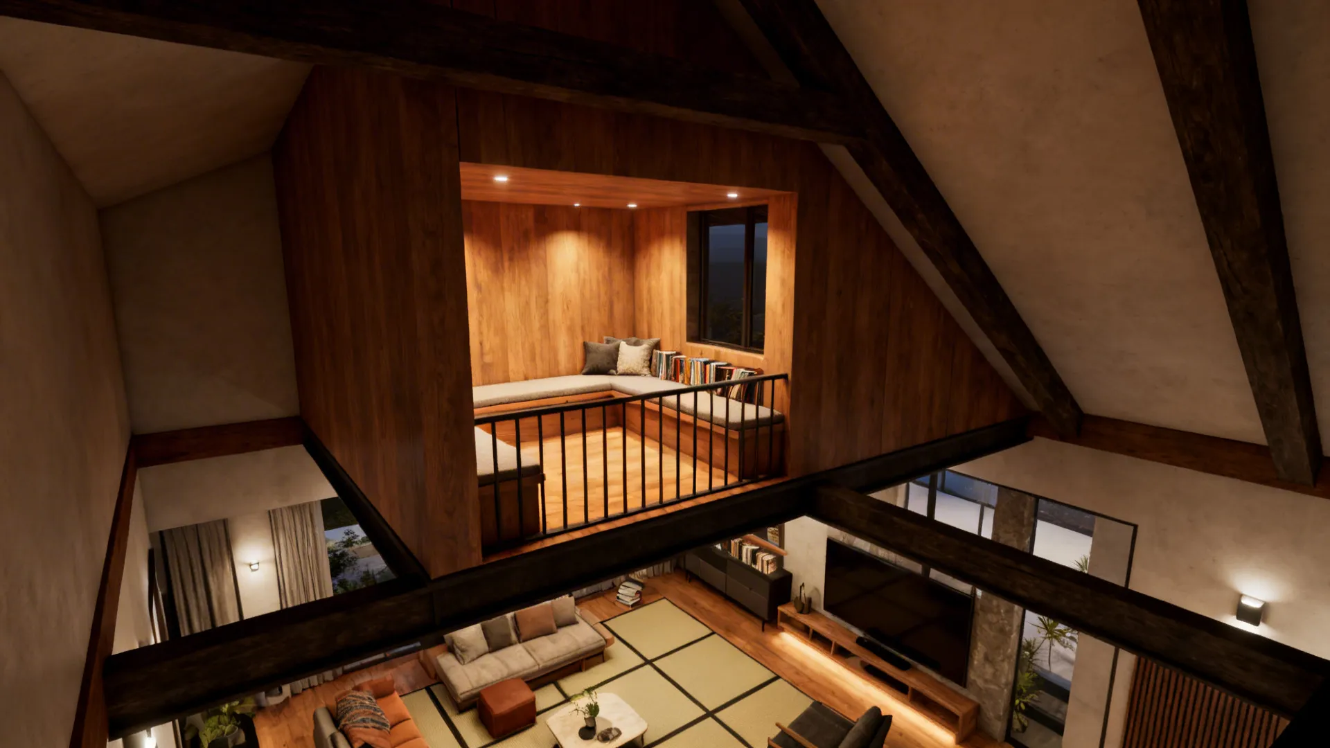 Living room with a small mezzanine reading nook and visible beam reducing perceived height.