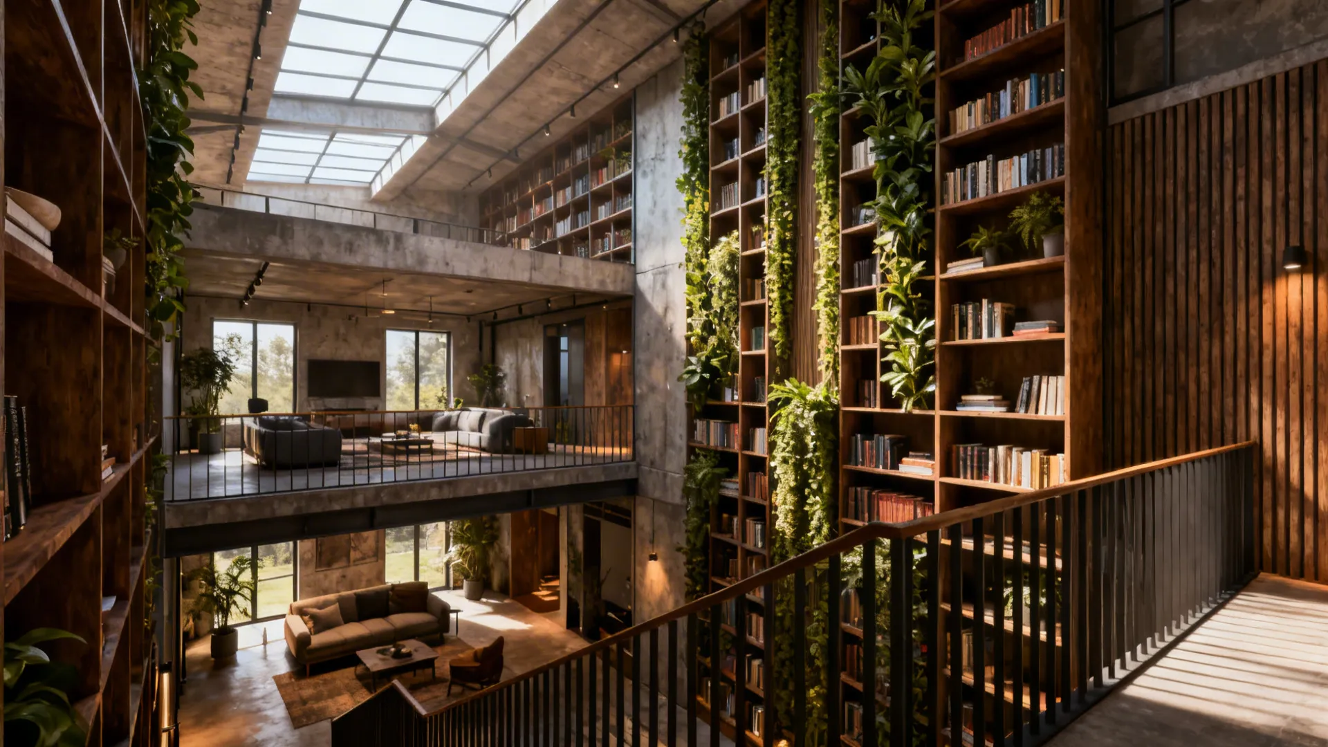 Industrial loft living space with tall wooden bookshelves indoor plants concrete walls and large skylight