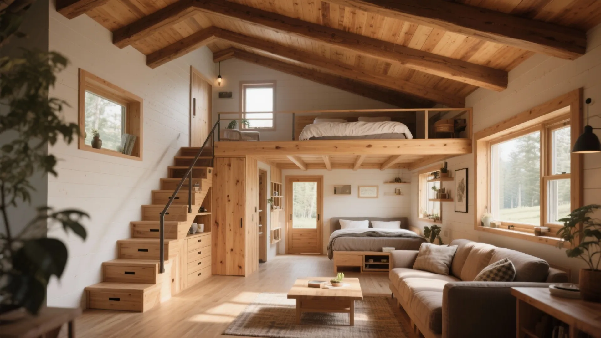 Modern wooden cabin interior featuring loft bed wooden staircase storage sofa coffee table and windows