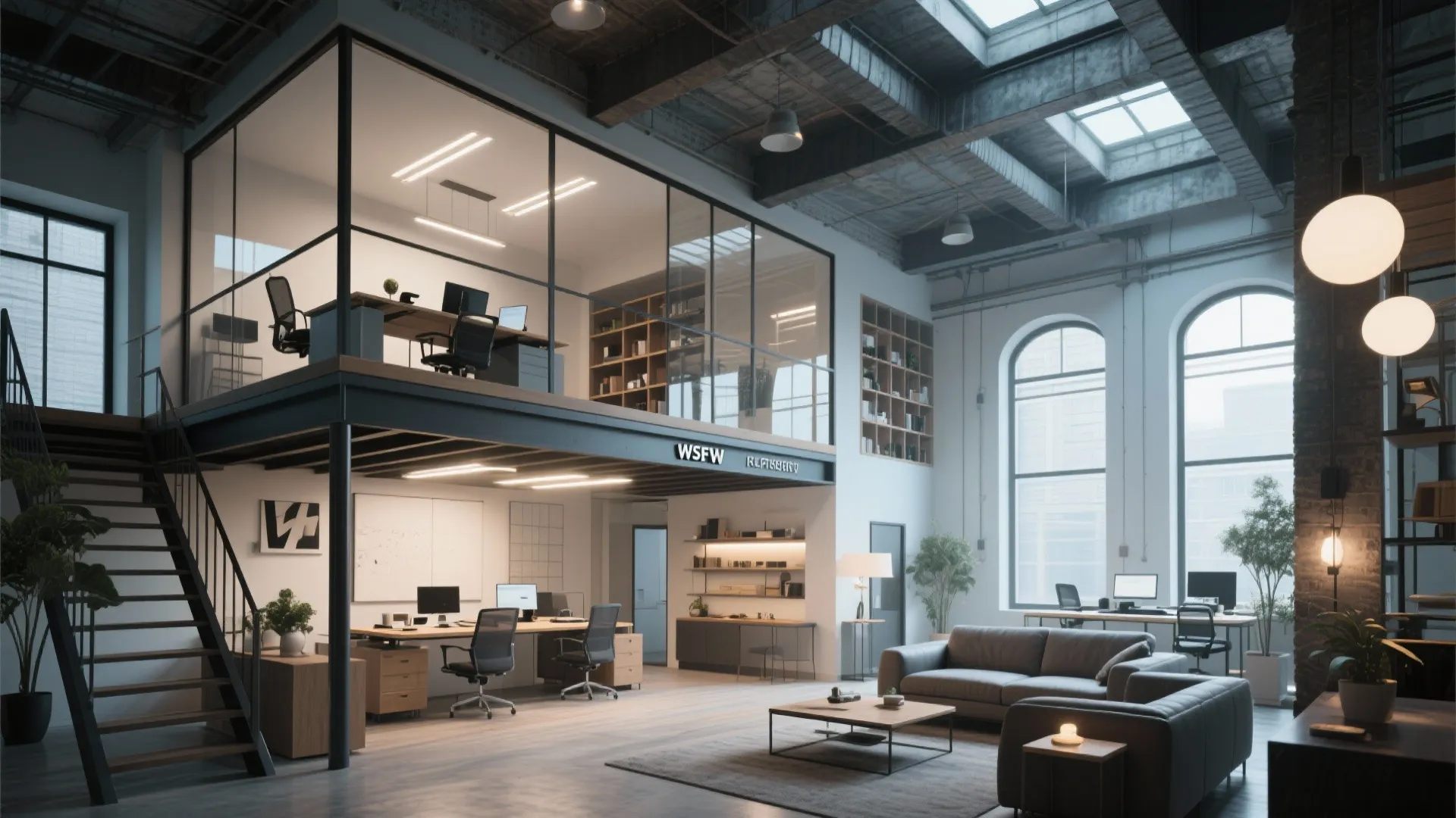 Modern industrial mezzanine office with glass walls stairs sofa desks ceiling light and big windows