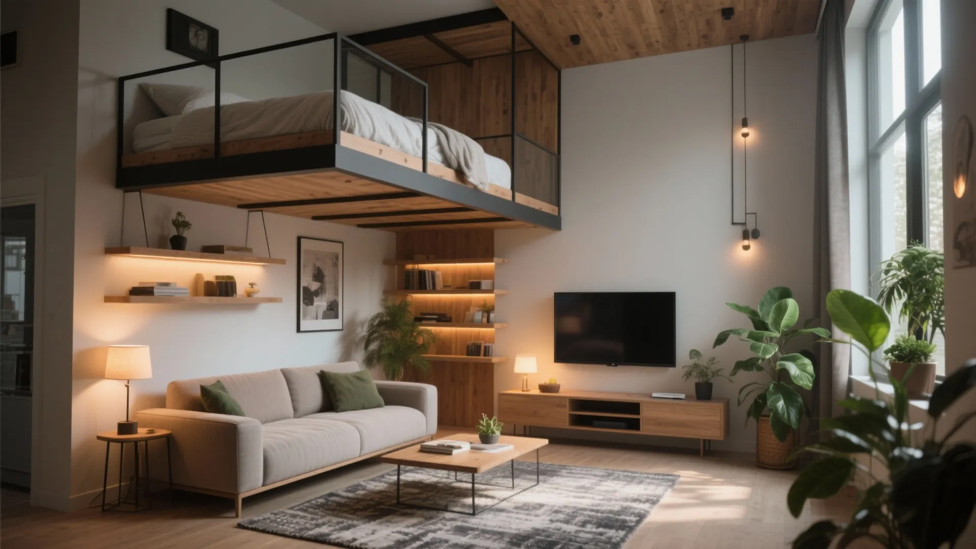 3. Mezzanine lounge: Low sofa and a TV nook below