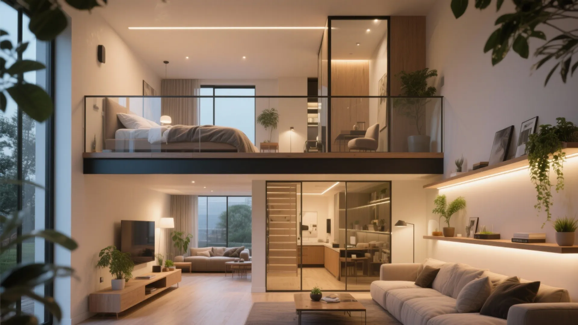 Modern apartment with mezzanine bedroom glass railing warm lighting living room and simple wooden furniture