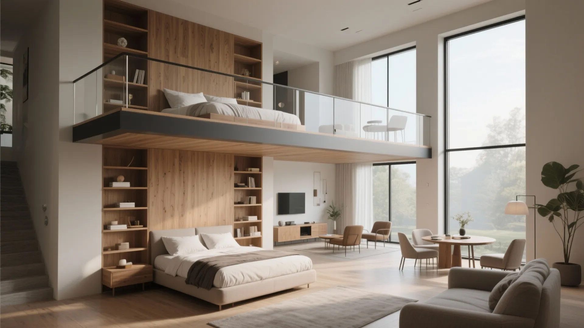 Double height studio apartment with a loft bed area and wooden wall panels for storage
