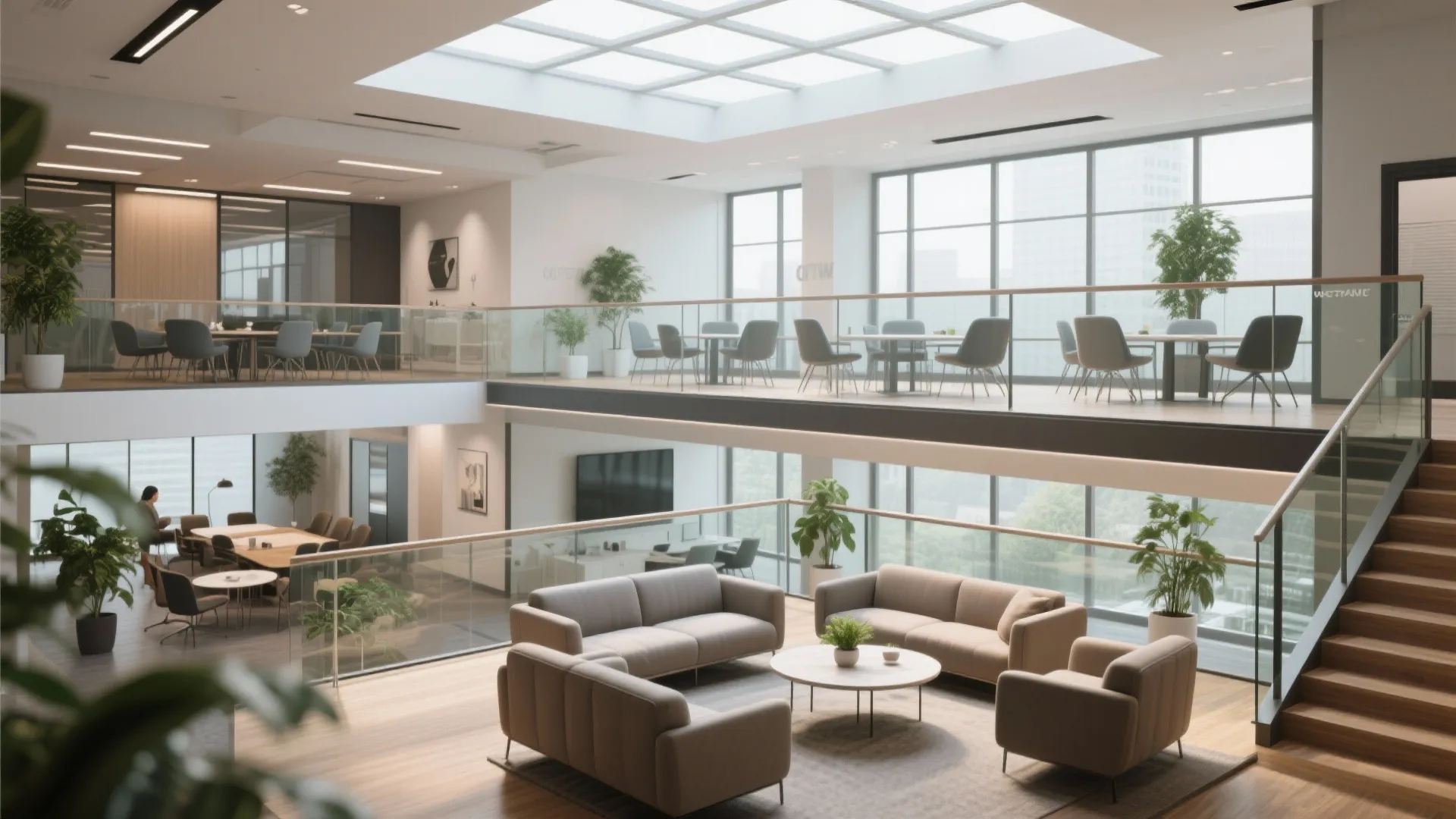 Mezzanine office space with lounge seating and glass railings