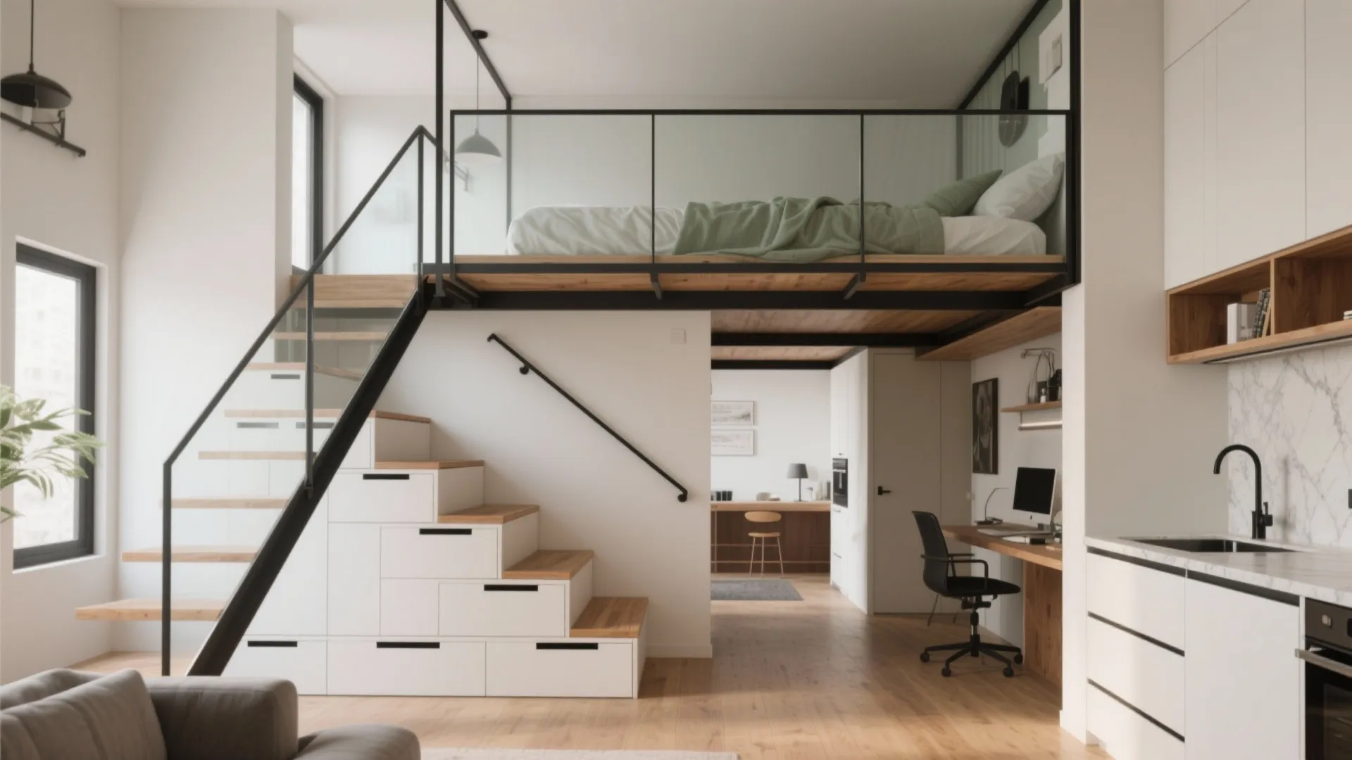 Modern studio apartment with mezzanine bed above office desk and white storage stairs for small spaces