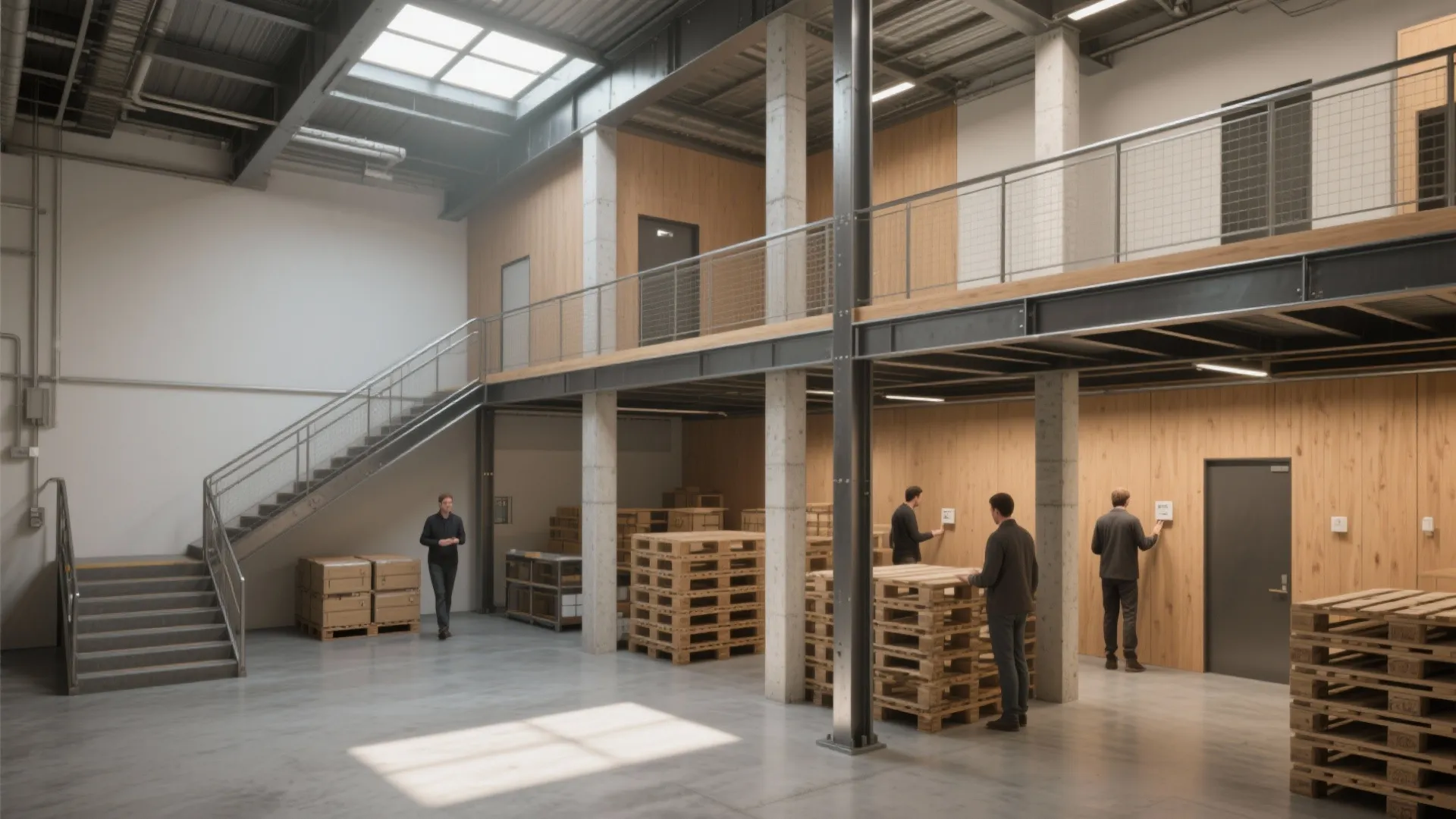 Interior design drawing of a storage room with wooden pallets metal stairs and people working