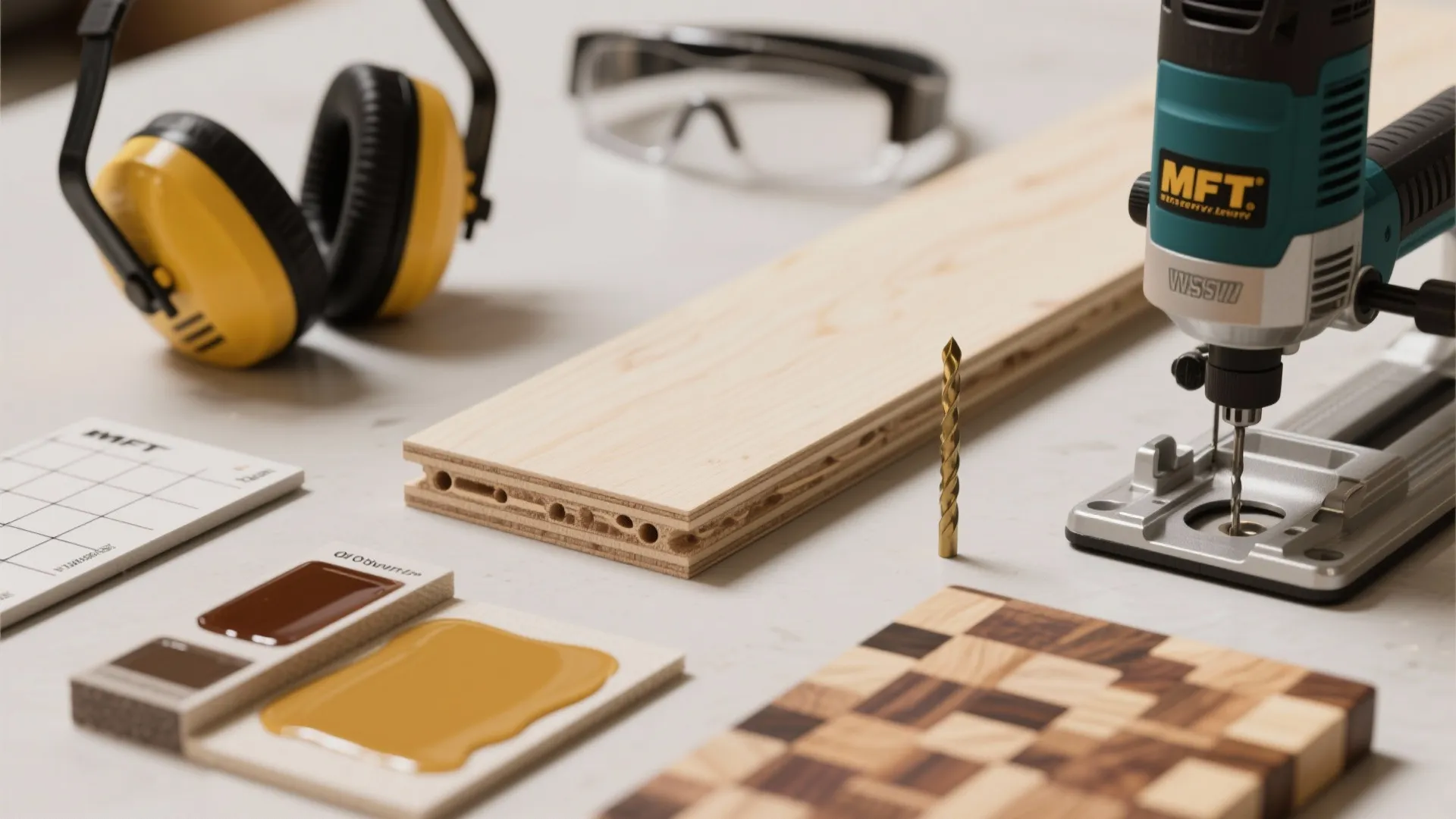 Close-up of MFT materials, tools, dog-hole grid sample and safety gear for FAQ reference.