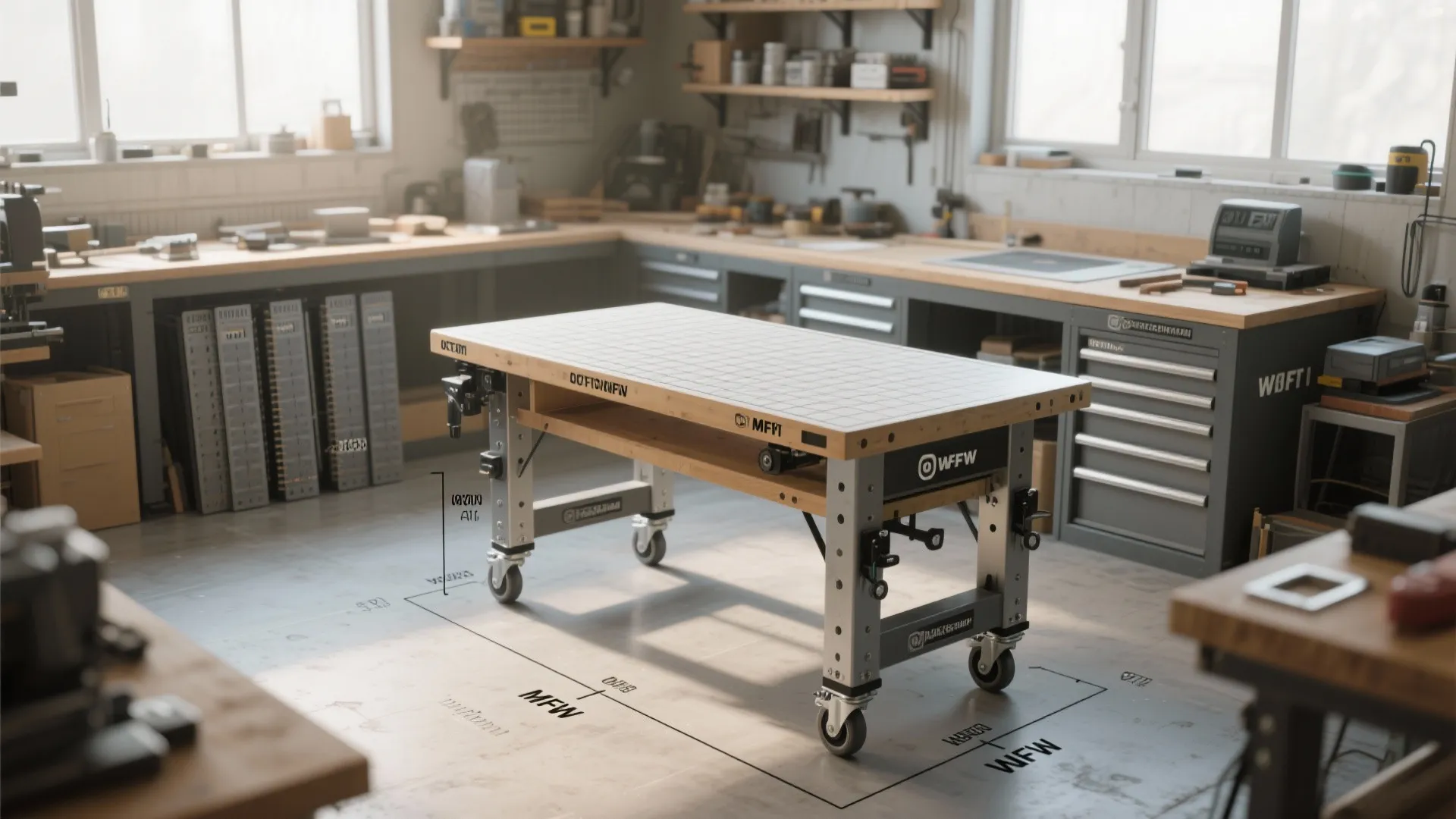 Mobile wooden work table with wheels and grid top placed in a bright professional workshop