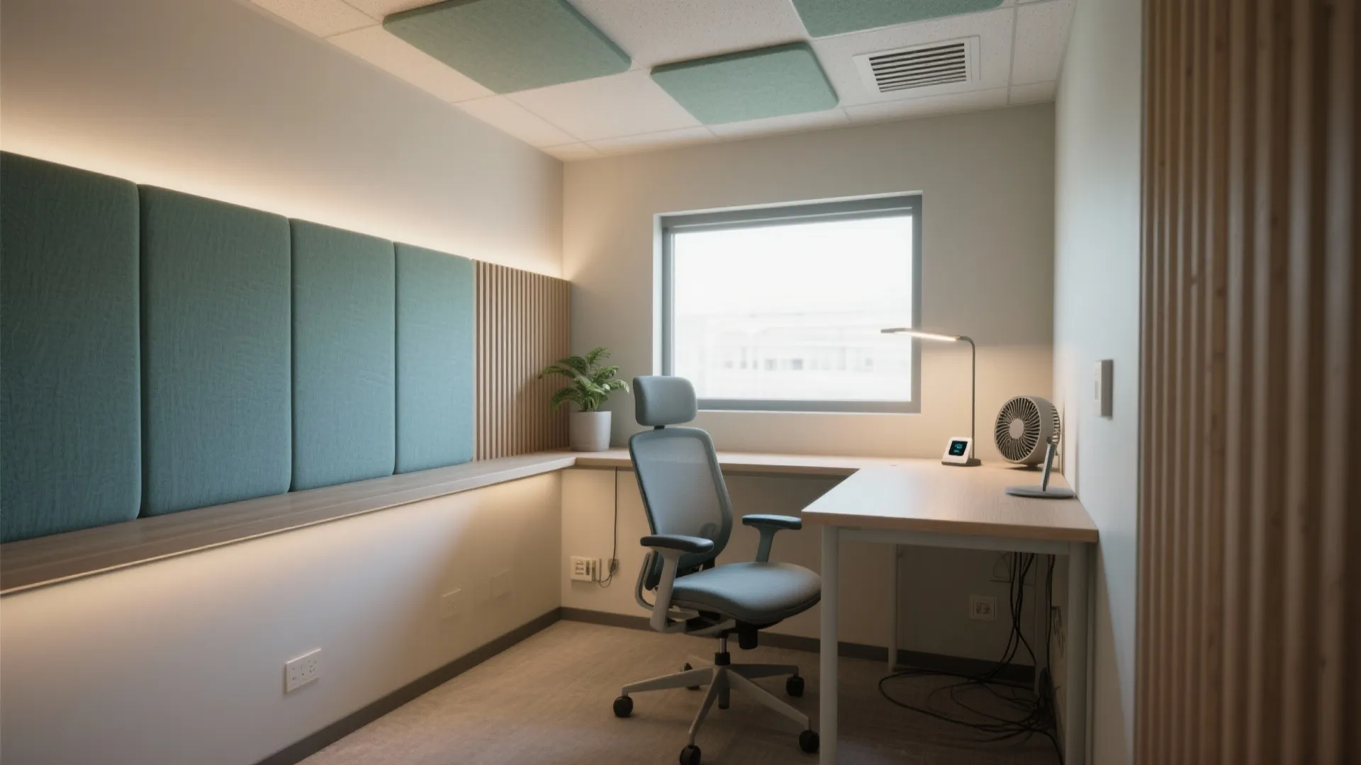 [
  {
    "url": "https://coohom-biz-sg-s3.coohom.com/ins/static/article/mi-room-micro-retreat-1764609659224684500.jpg",
    "alt": "Modern workspace with grey chair, wooden desk, green wall panels, window, and warm light fixture"
  }
]