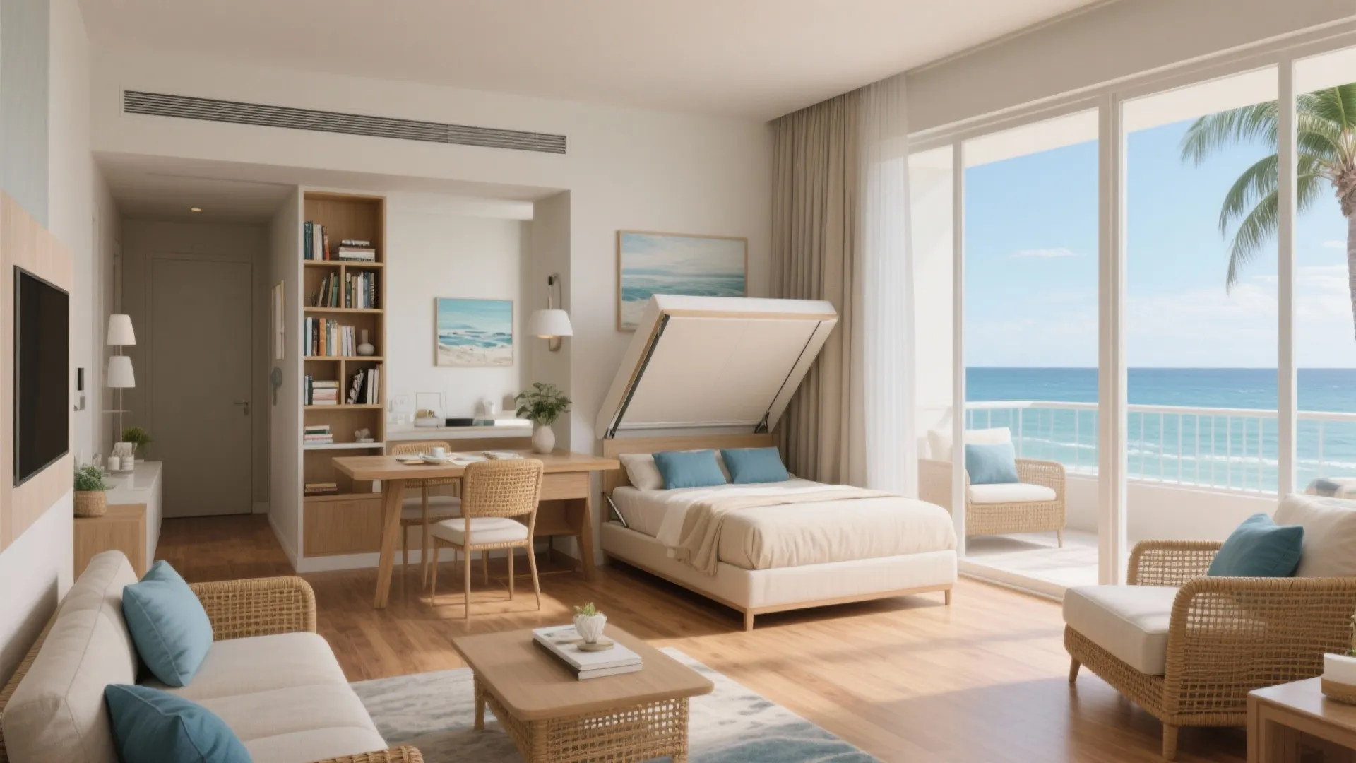 Modern studio apartment featuring a fold-out wall bed wooden desk bookshelf and oceanfront balcony view