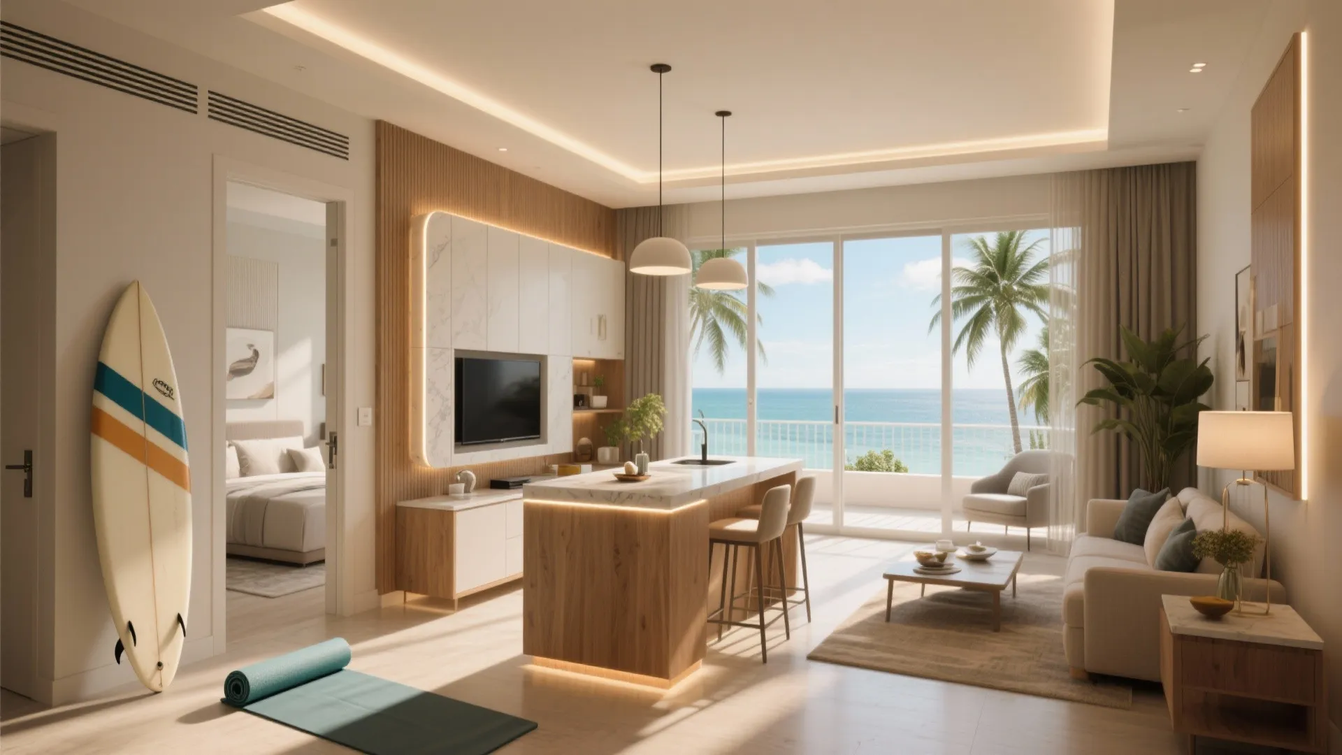 Modern open living room with wooden island table surf board and view of tropical beach