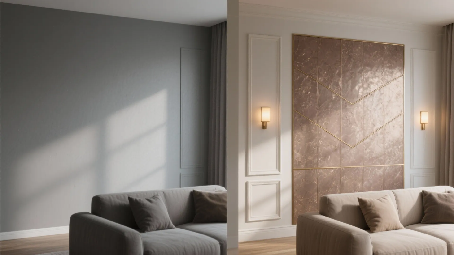 Split-screen comparison showing a gray wall before and a warm taupe mica accent wall after.