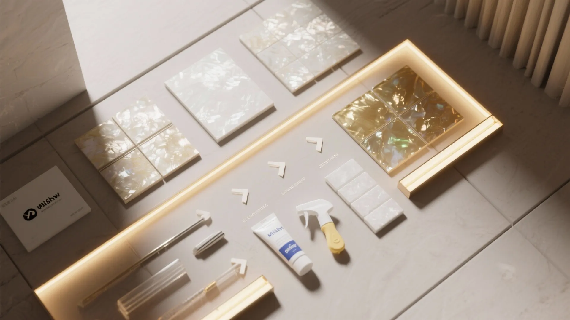 Top-down flat lay of mica samples, LEDs, adhesives, and tools arranged to show design steps.