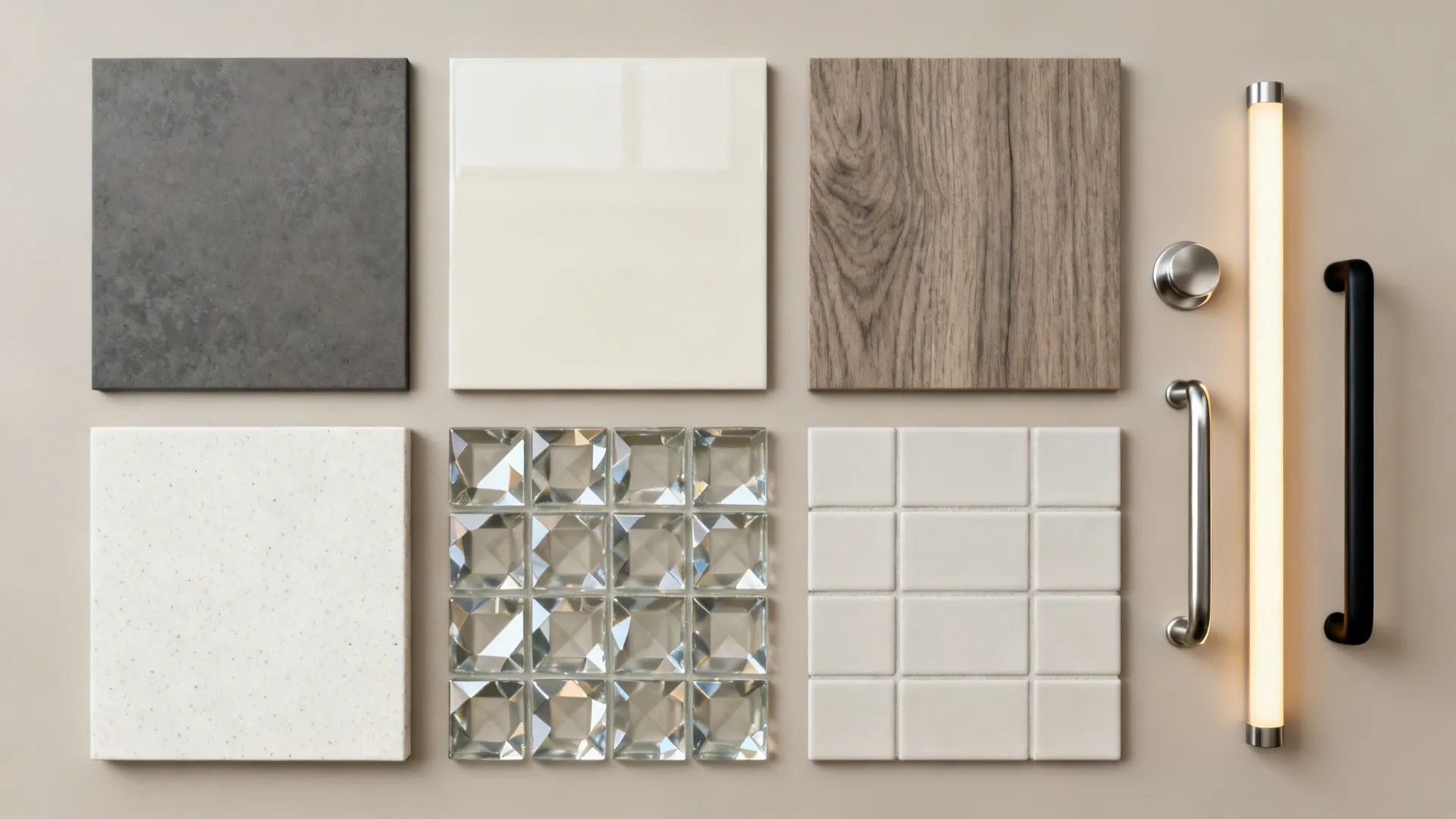 Material flat lay with matte, gloss, and wood-look mica swatches, quartz, tiles, and hardware.