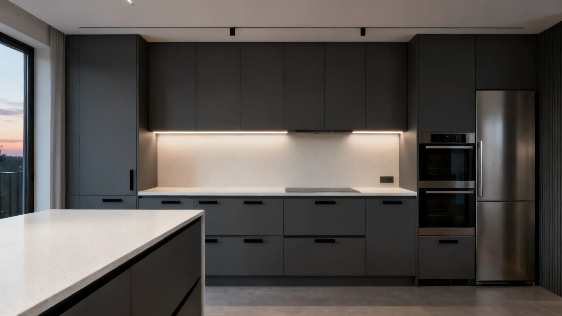 Calm compact kitchen with deep matte graphite mica cabinets and soft under-cabinet lighting.