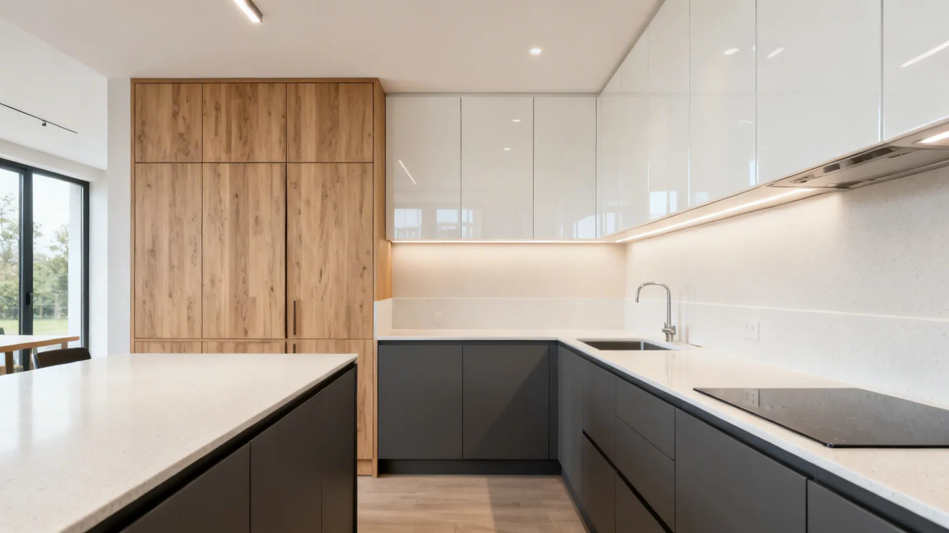 Compact kitchen combining matte, gloss, wood-look, and two-tone mica finishes cohesively.