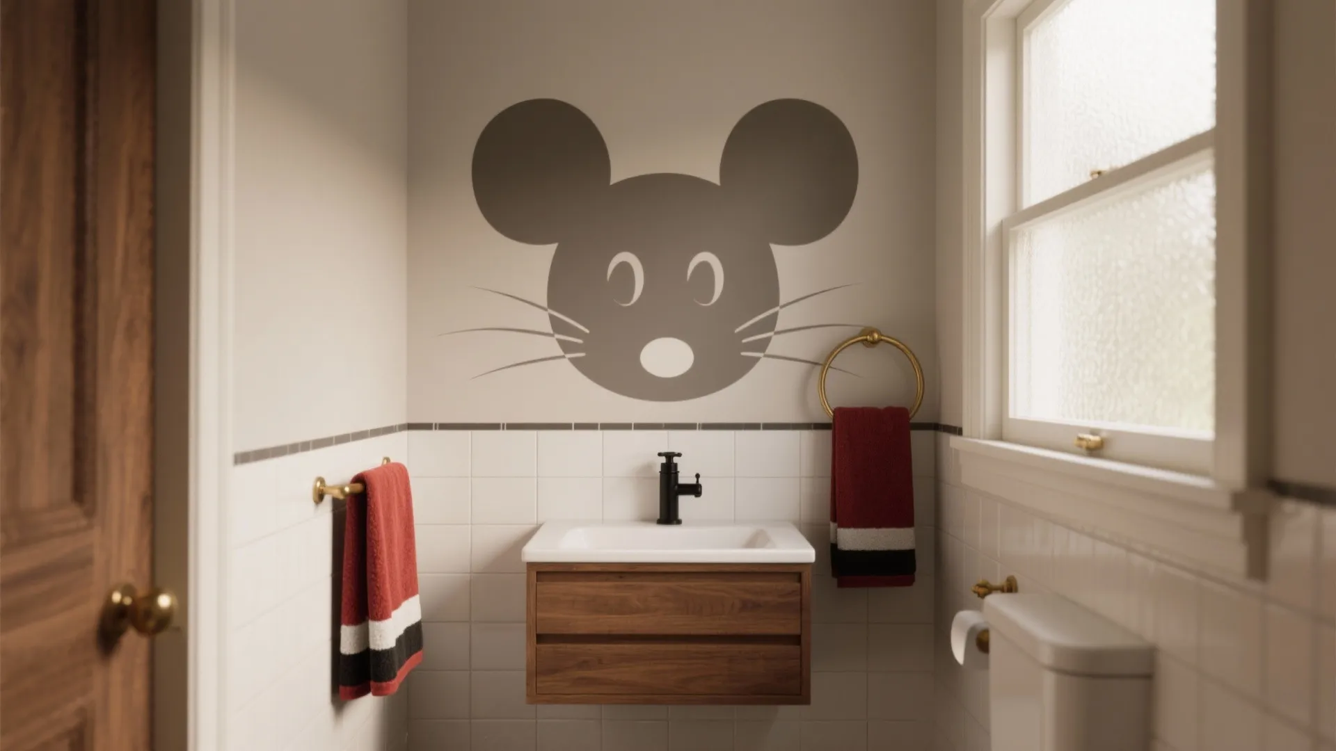 Small bathroom with mouse wall art wooden cabinet white sink red towels and roof window