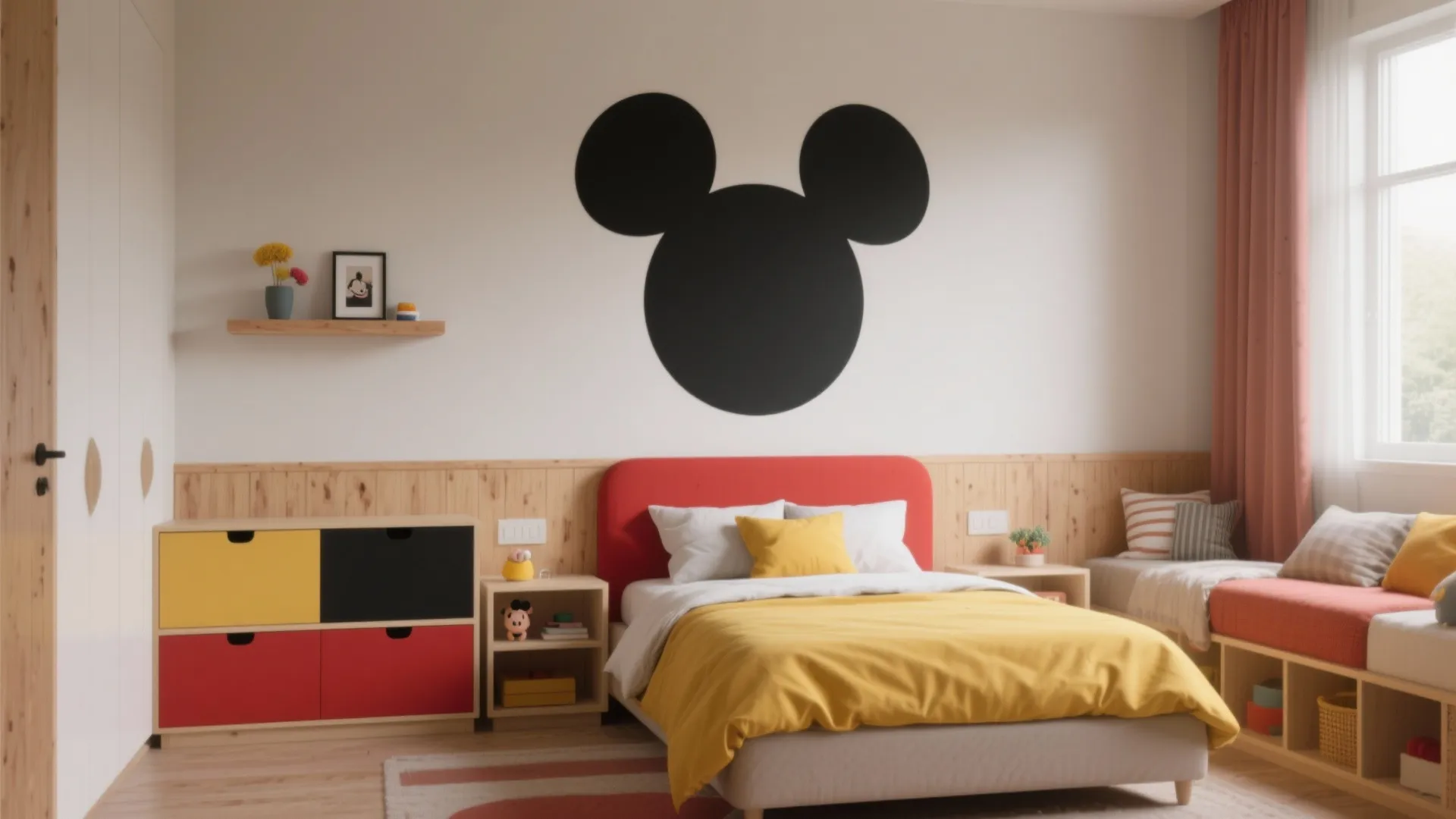Child bedroom with red headboard yellow bed covers and black cartoon mouse head wall sticker