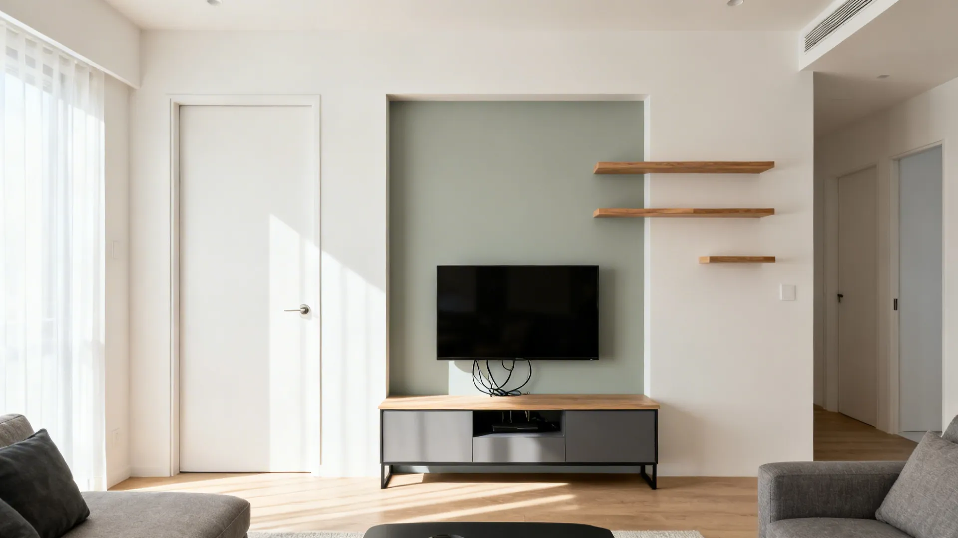 Micro accent rectangle behind a media console with floating shelves creating a niche effect.