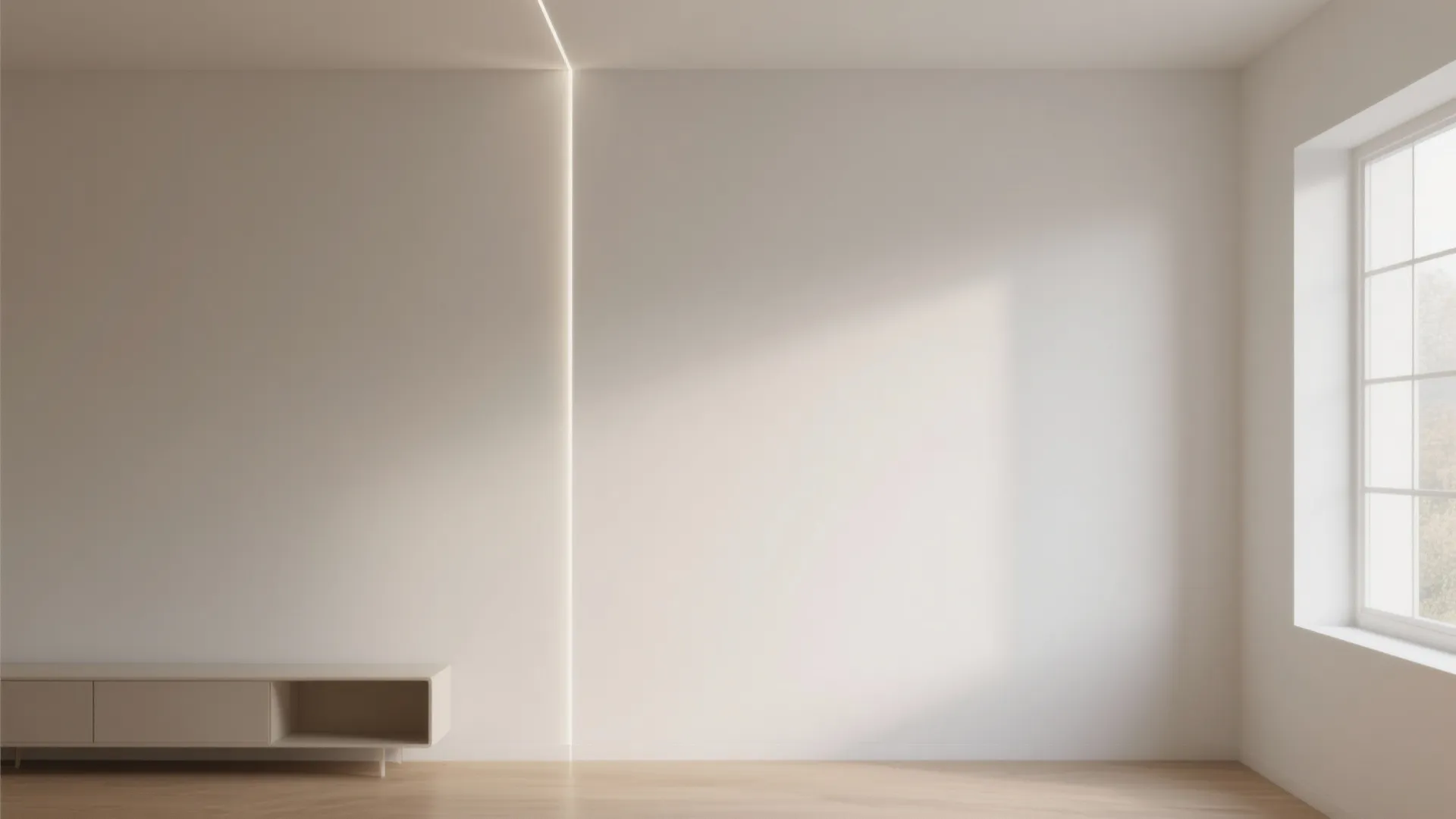 Modern minimal living room with white wall light strip wooden floor cabinet and large window