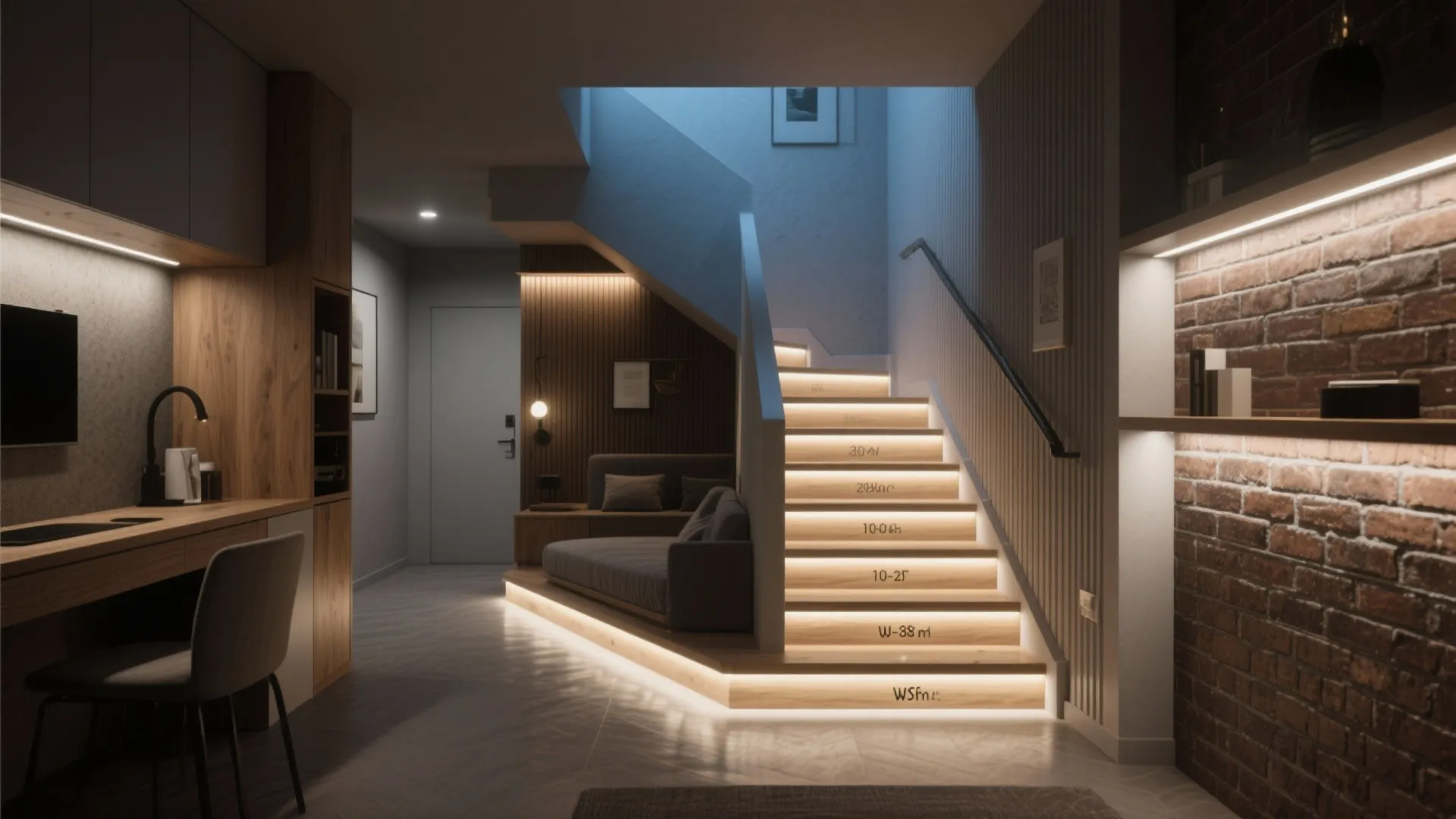 Night scene with toe-kick and edge lighting guiding paths in a micro-apartment.