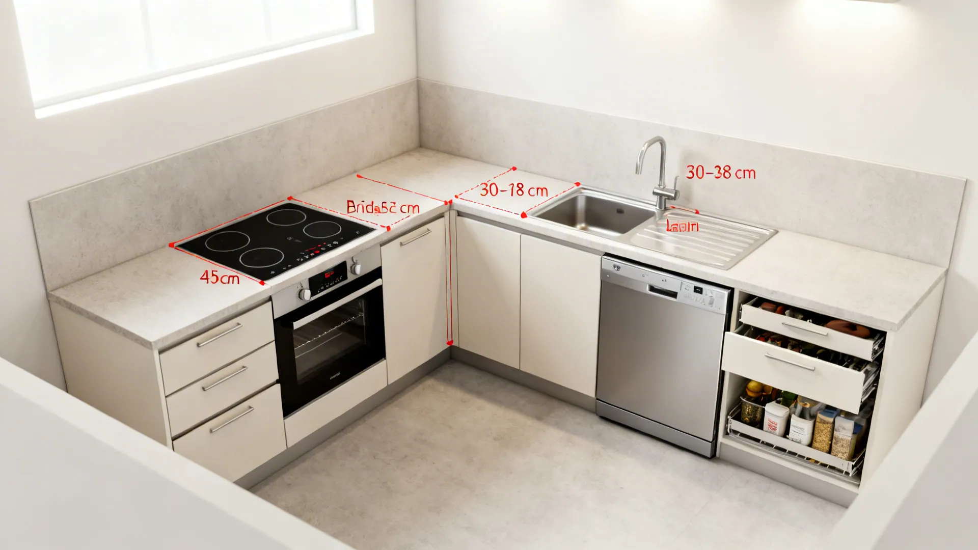 Small rectangular kitchen with compact oven, two-burner induction, and clear landing zones