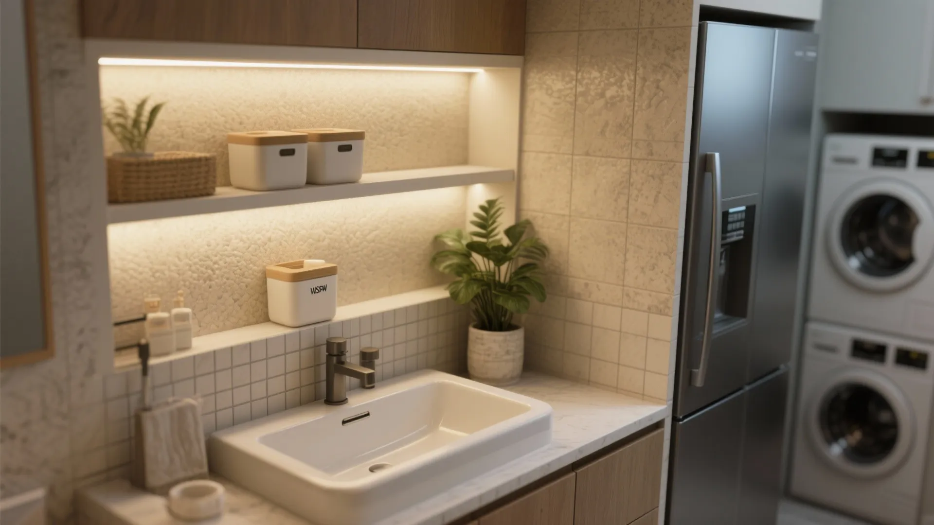 Small laundry area with white sink grey fridge and stacked washing machine and clothes dryer