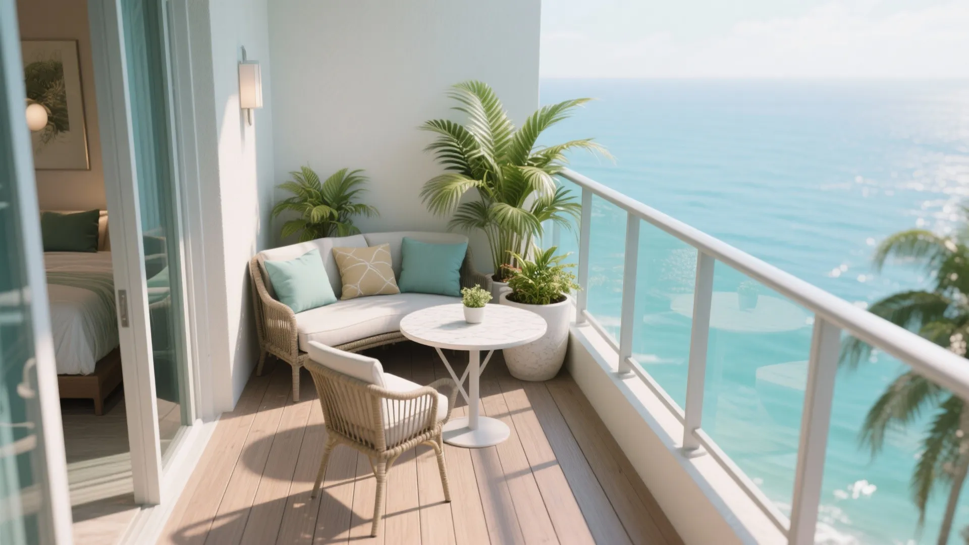 Sunny balcony with wicker sofa, blue pillows, white table, green plants, and clear ocean view
