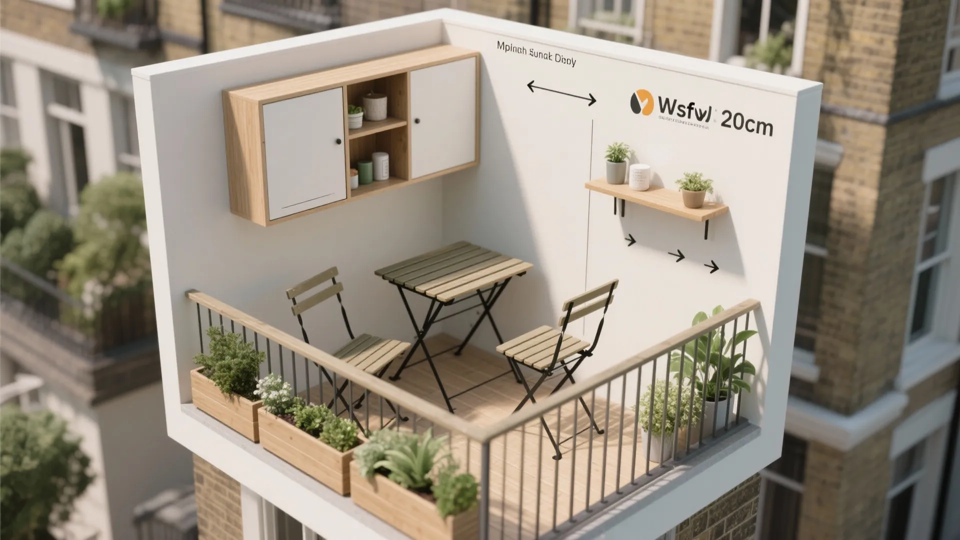 Top-down view of micro UK balcony layout with slim storage and fold-down table.
