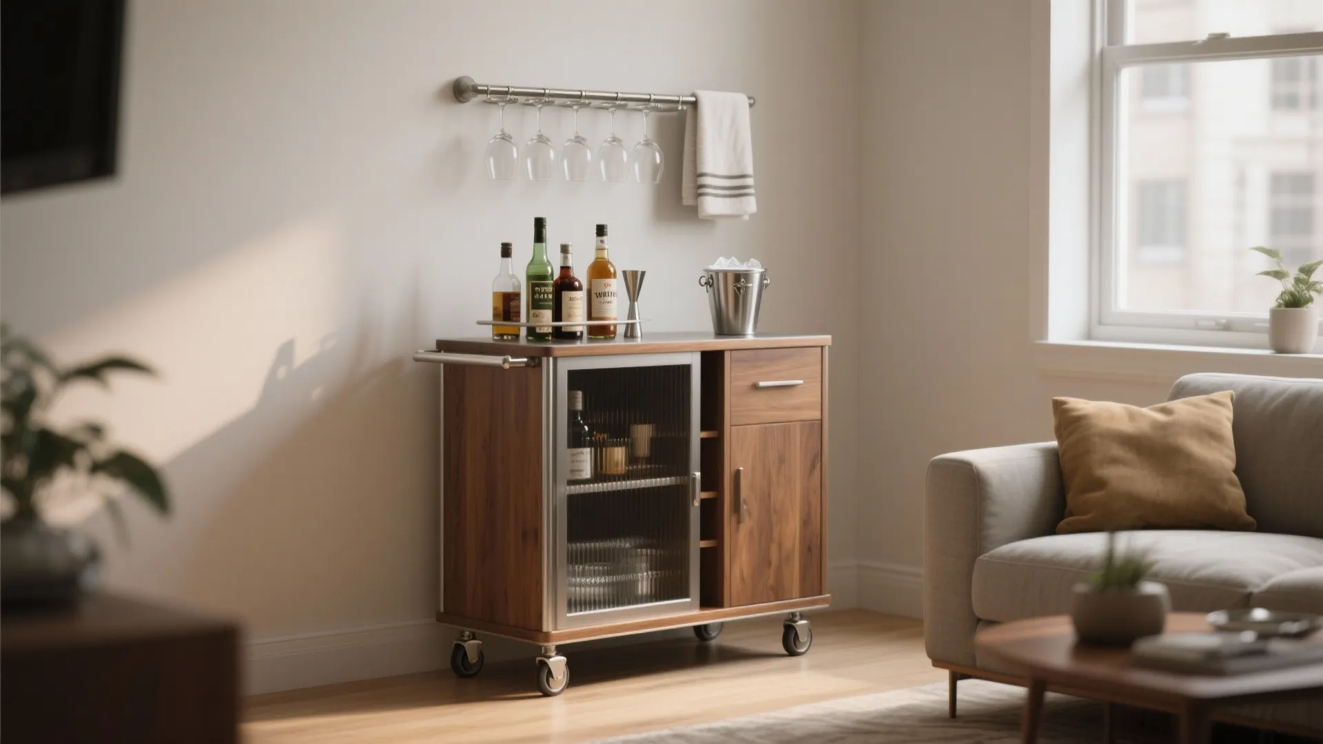 Wooden mobile bar cart holding liquor bottles and glasses placed beside a grey living room sofa