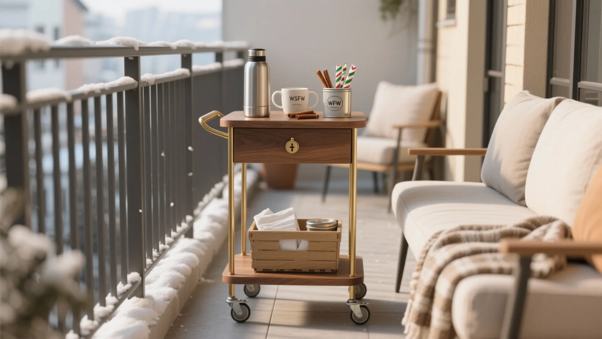 Micro bar cart and storage-savvy holiday zone