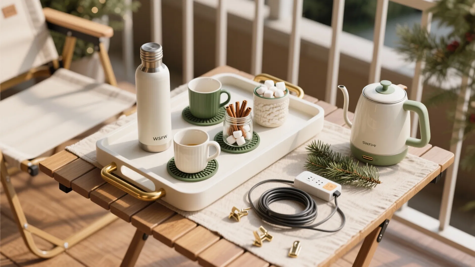 Seasonal Micro-Bar: Tray Table, Hot Cocoa Station, and Safe Power