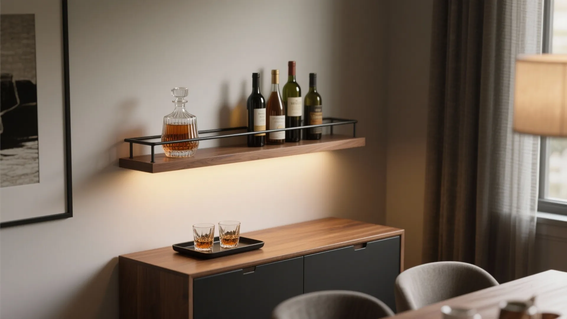 4) The “micro bar” shelf—party ready without a dedicated cabinet