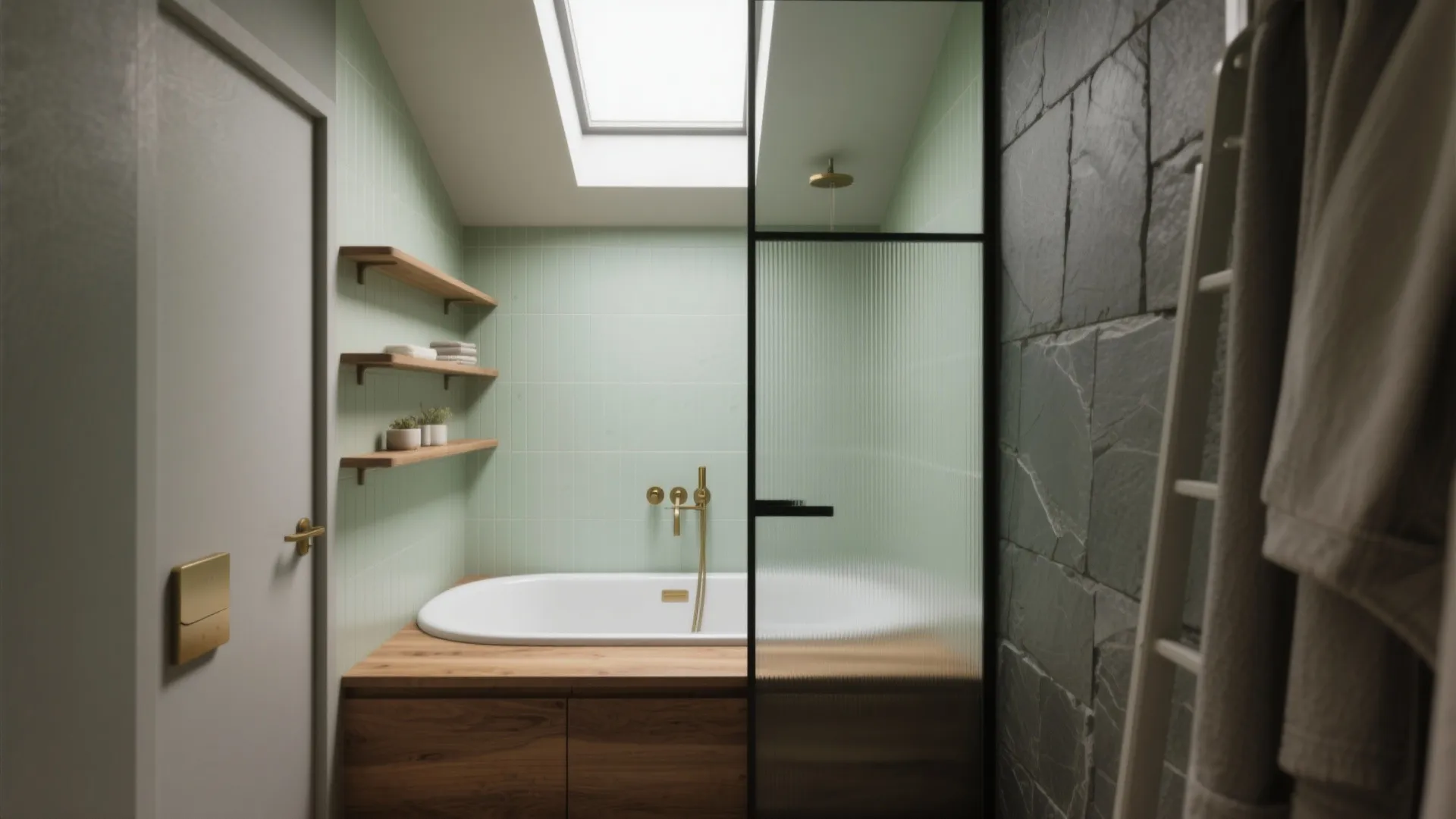 Minimalist bathroom with roof window wooden cabinet white bathtub light green wall tiles and stone wall