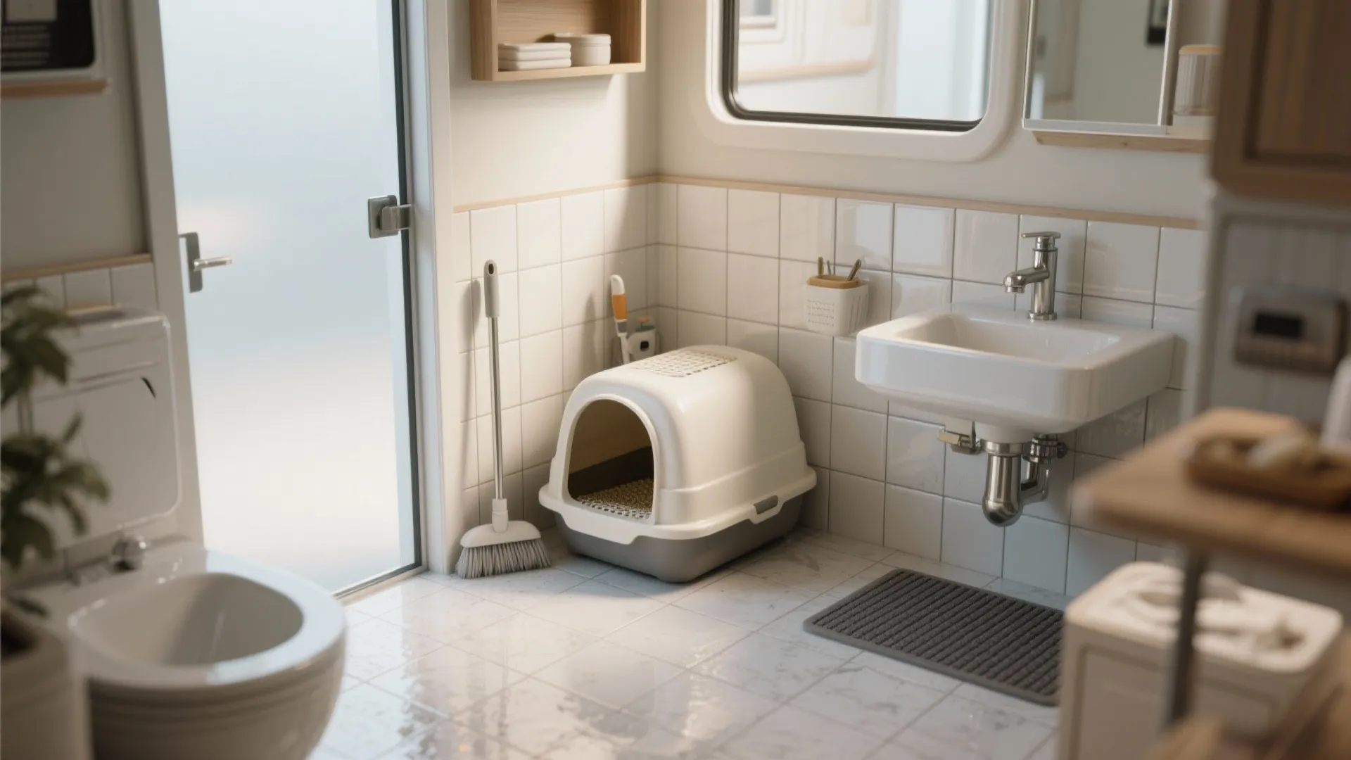 Small bathroom with white tiles sink toilet and a cat litter box on the floor
