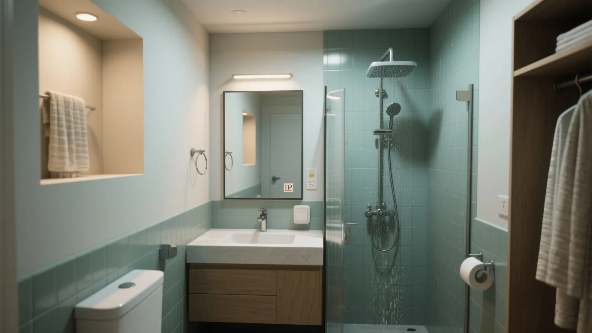 Compact 6x8 bathroom with three strategically placed recessed fixtures including a wet-rated shower light