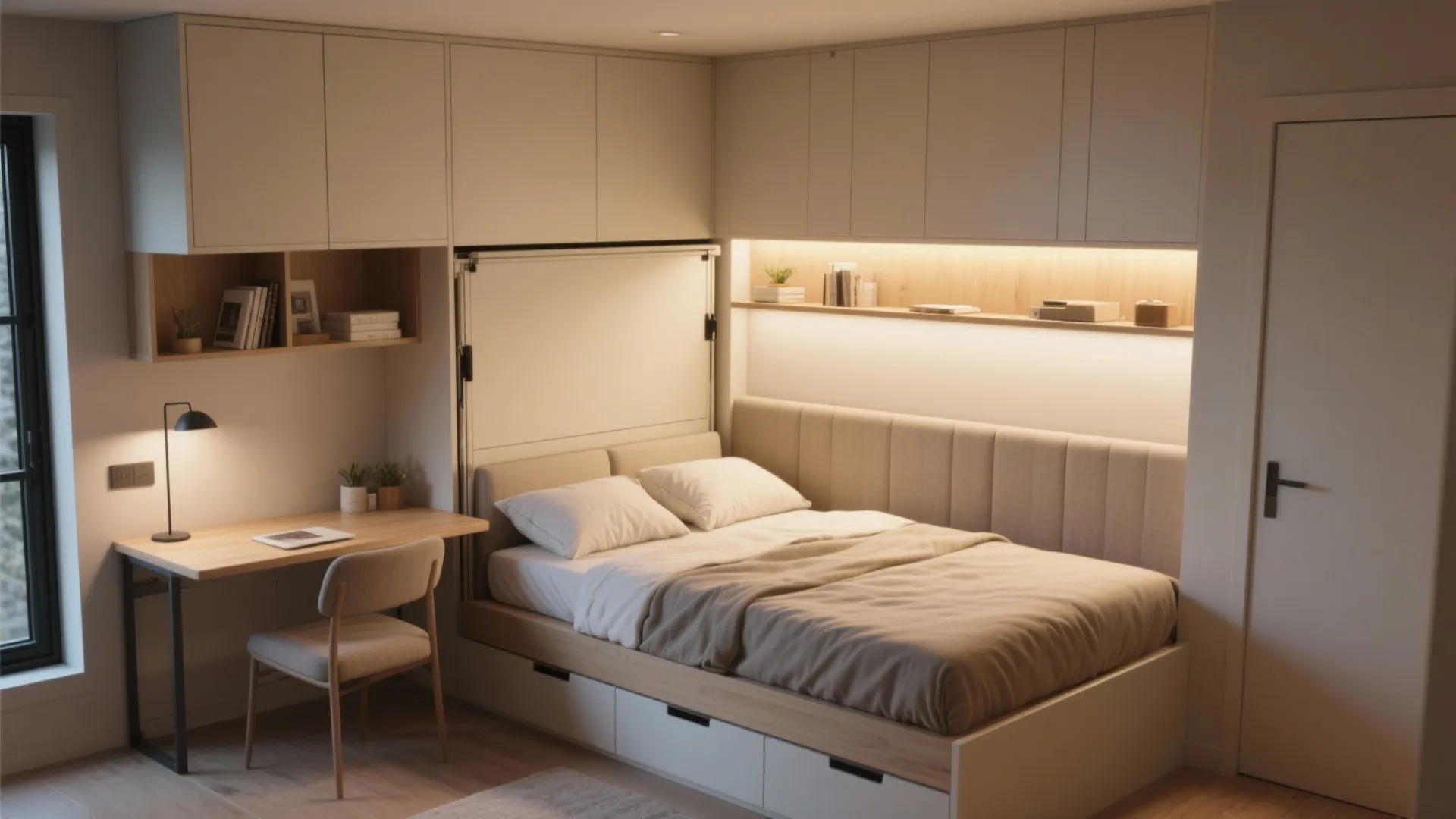 Small bedroom with white storage cabinets wooden desk and chair bed with built in storage drawers
