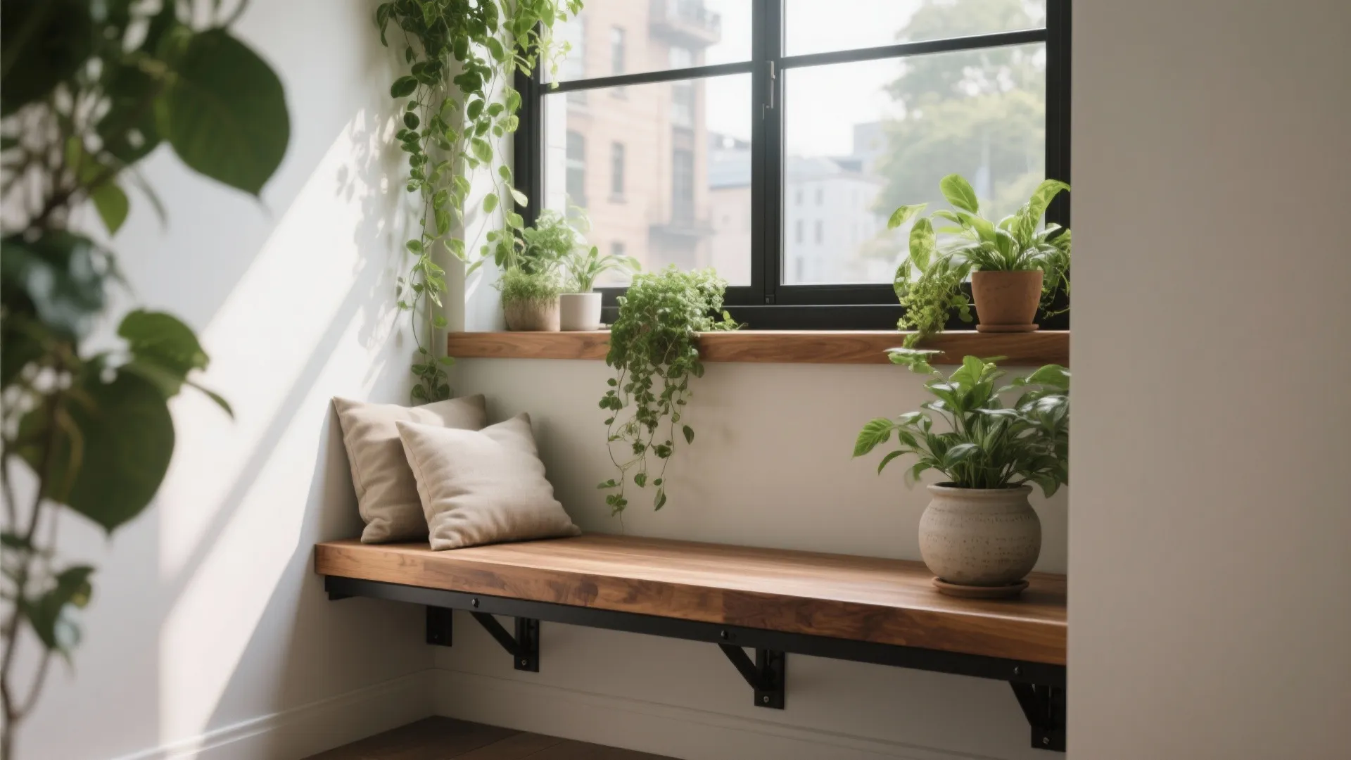 Wooden wall bench with cushions next to a window shelf featuring green plants and sunlight