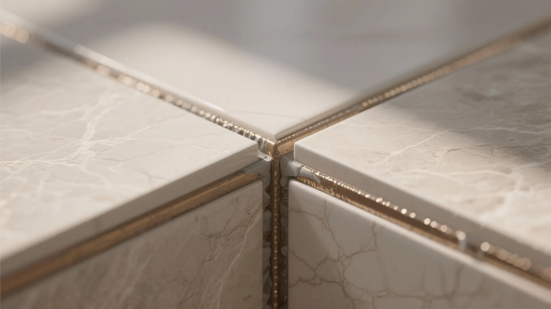 Close up view of beige marble floor tiles with gold metal strips at the joints