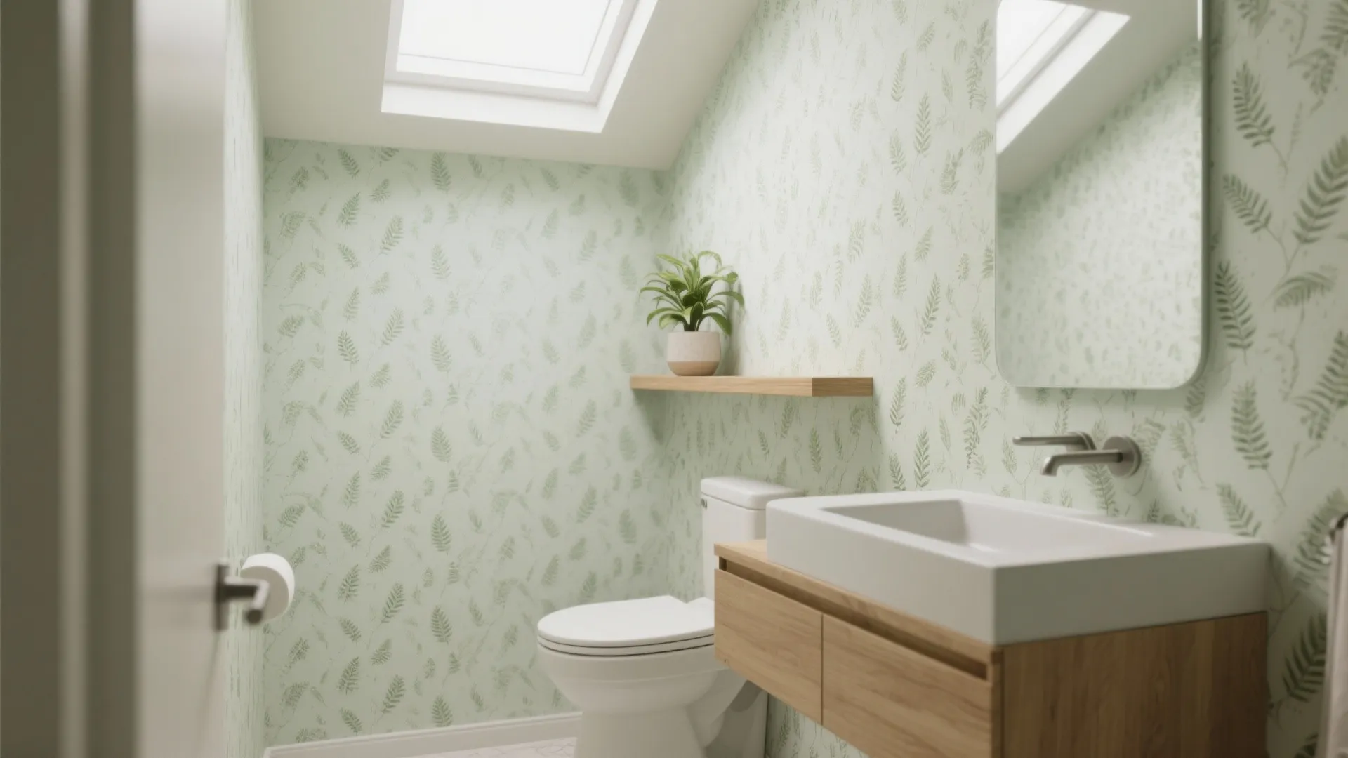 Modern bathroom with green leaf wallpaper white toilet wooden cabinet roof window and small green plant