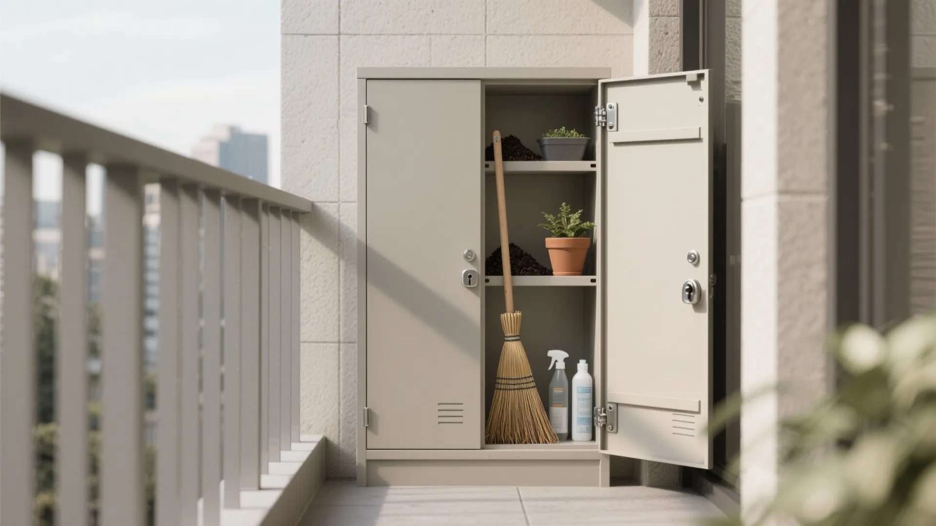 Slim weatherproof balcony cabinet with gasketed doors and shelves, blending with a neutral facade.